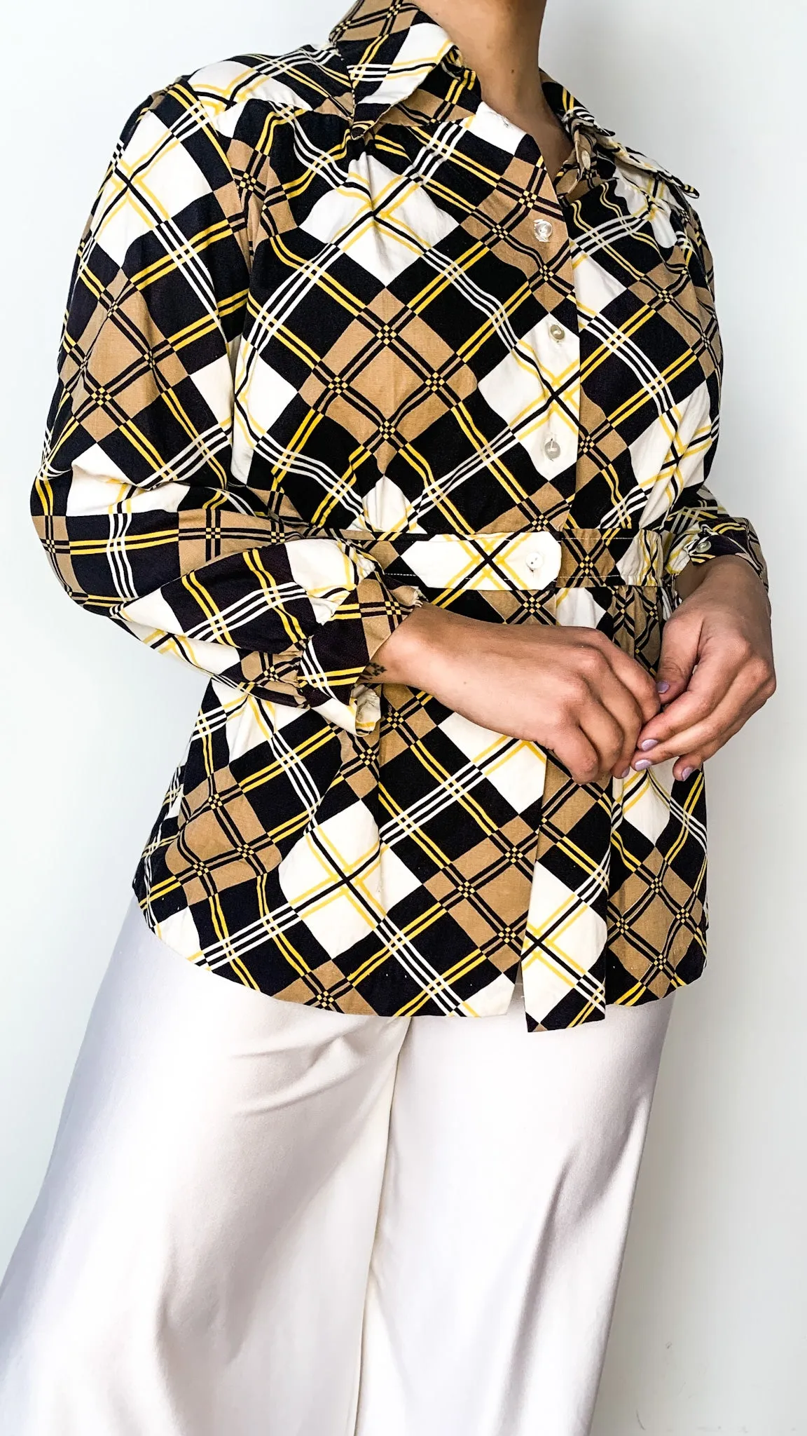 1970s Casanova Grid Blouse, sz. M