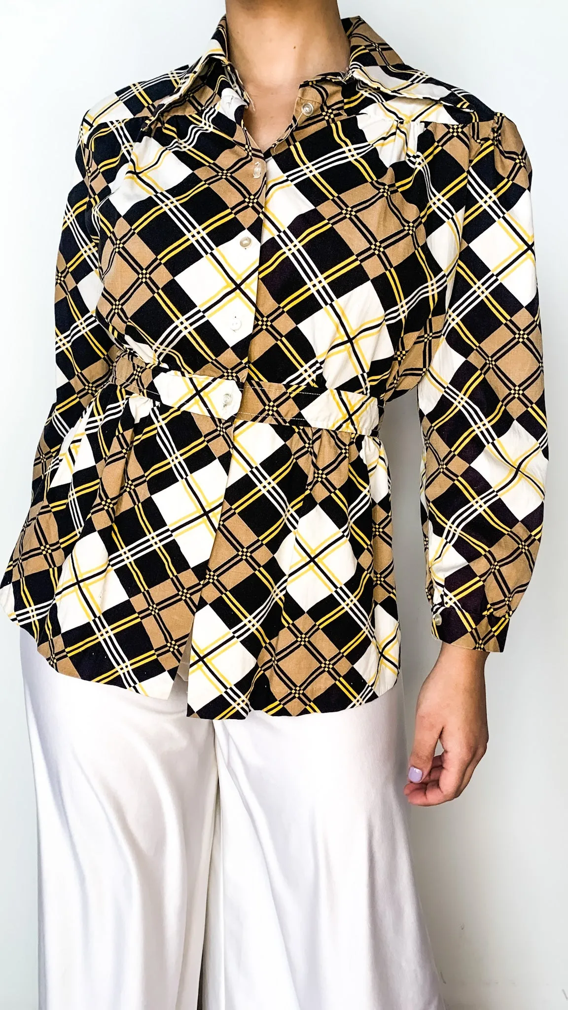 1970s Casanova Grid Blouse, sz. M