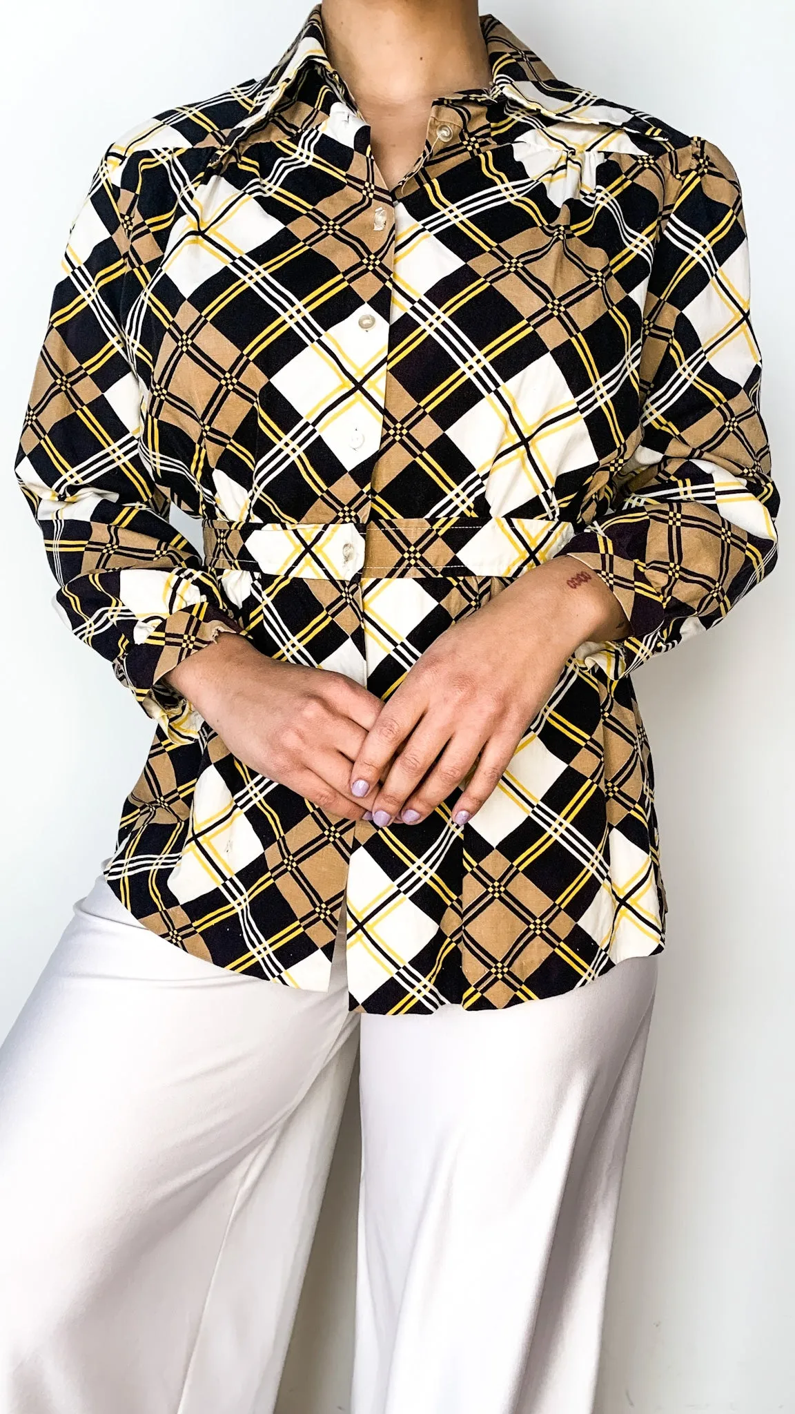 1970s Casanova Grid Blouse, sz. M