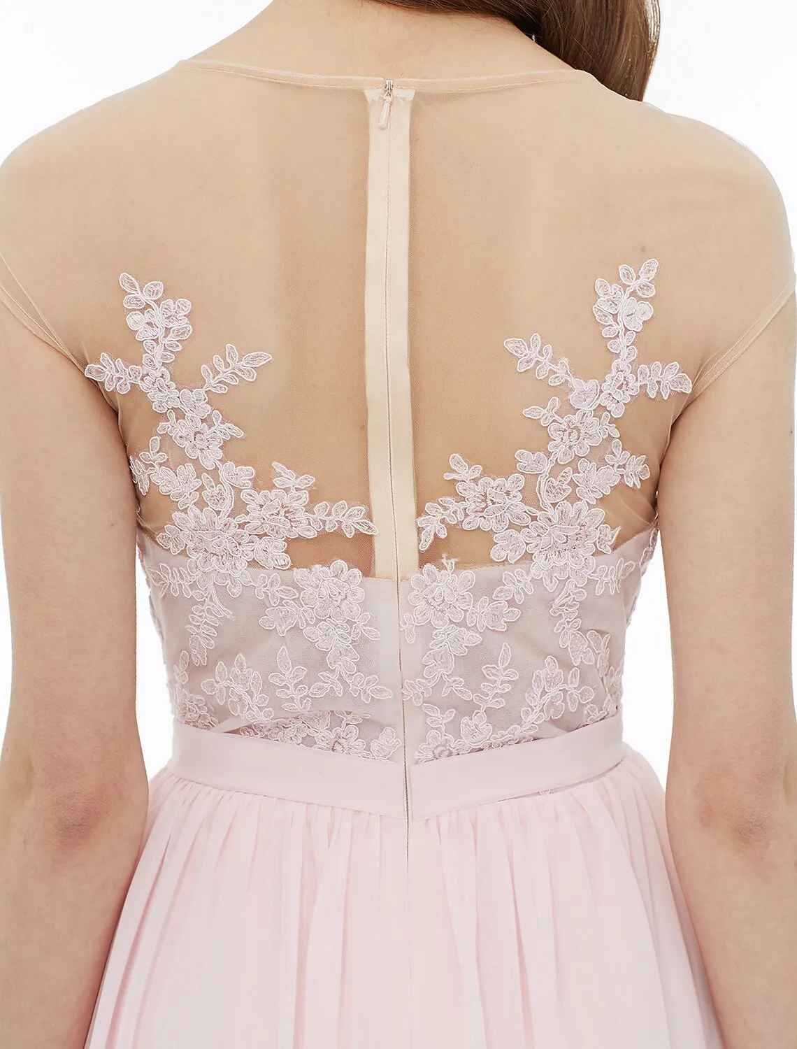 A-Line Bridesmaid Dress Illusion Neck Sleeveless Illusion Detail Floor Length Chiffon / Floral Lace with Sash / Ribbon / Appliques