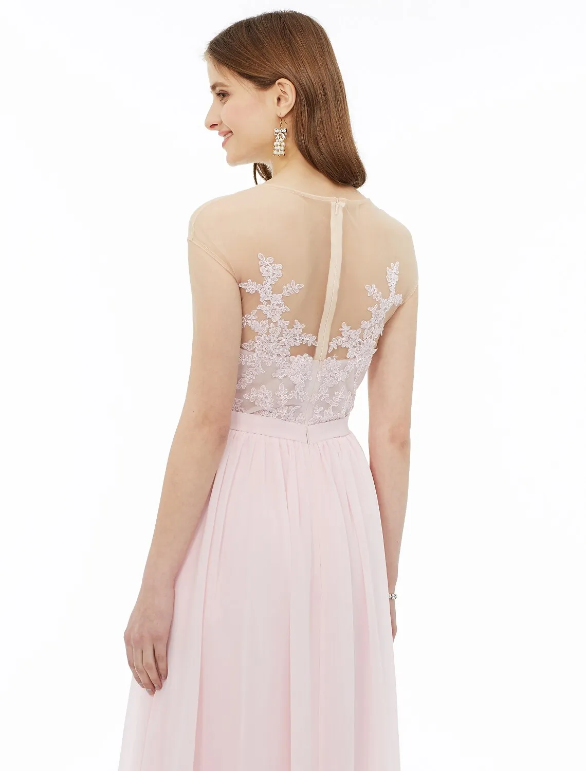 A-Line Bridesmaid Dress Illusion Neck Sleeveless Illusion Detail Floor Length Chiffon / Floral Lace with Sash / Ribbon / Appliques