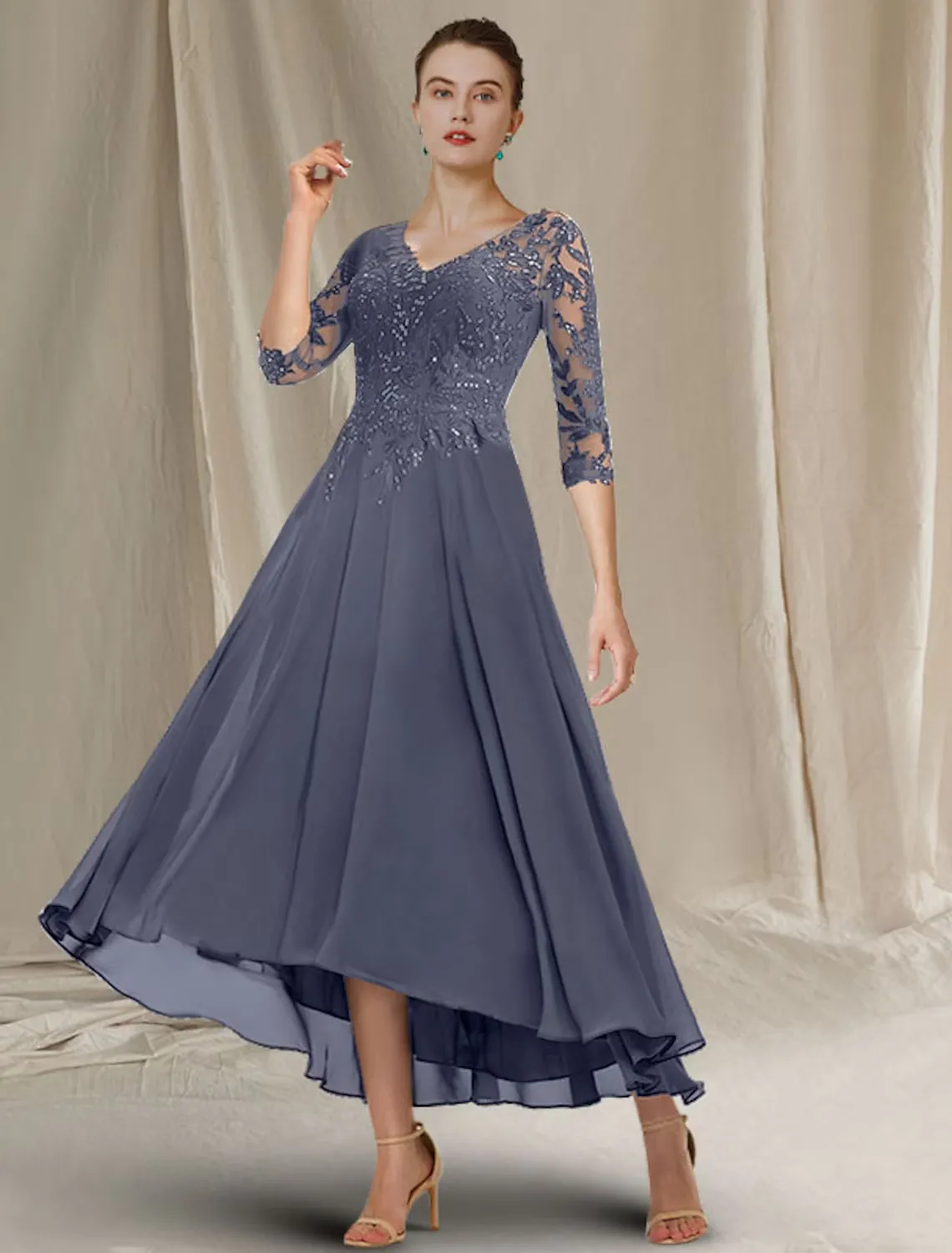 A-Line Mother of the Bride Dress Elegant Sparkle Shine High Low V Neck Asymmetrical Chiffon Lace Half Sleeve with Sequin Ruffles Appliques