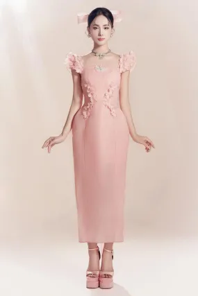 Alaia Pegged Cap Sleeved Organza Ankle Length Dress