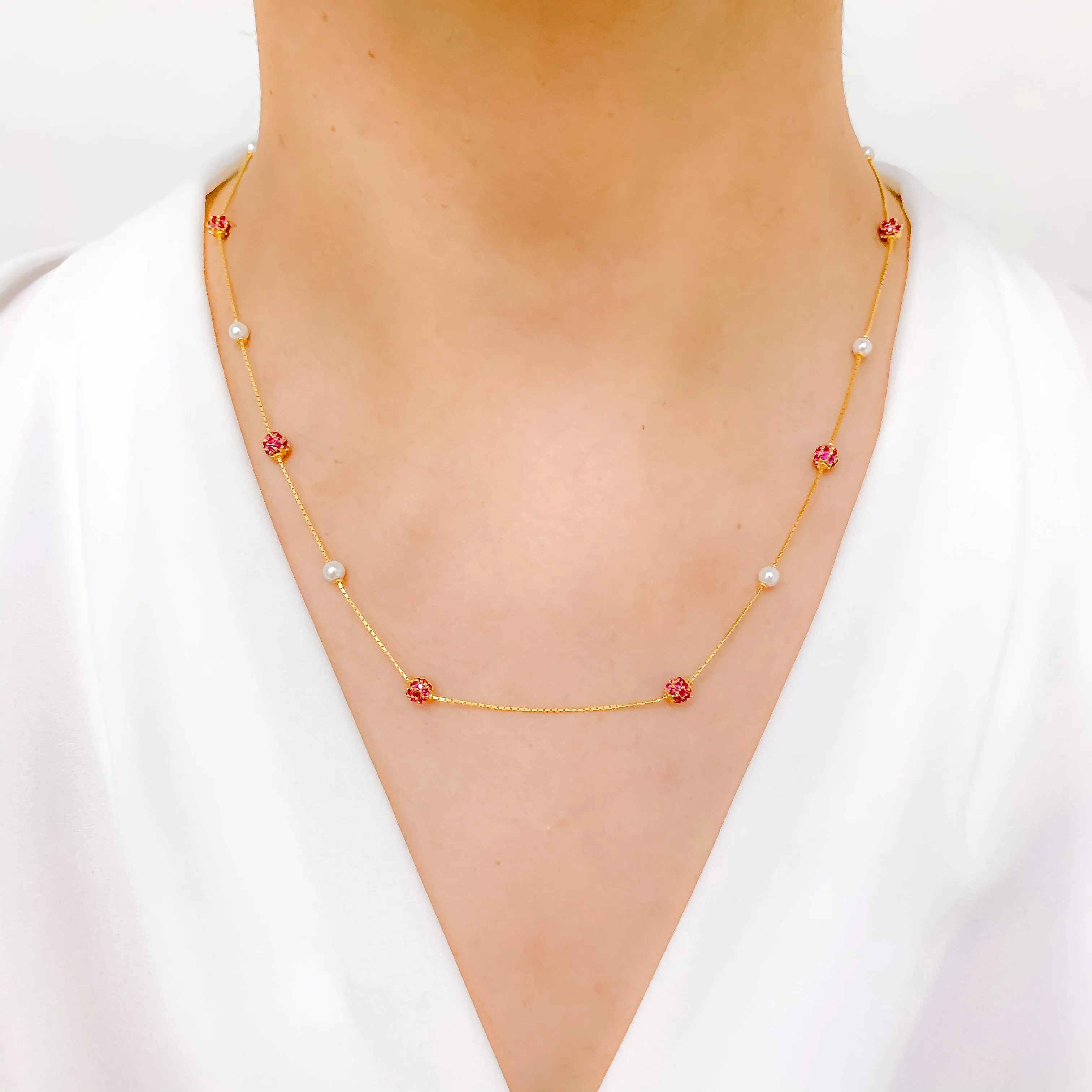 Alternating Red CZ   Pearl Necklace