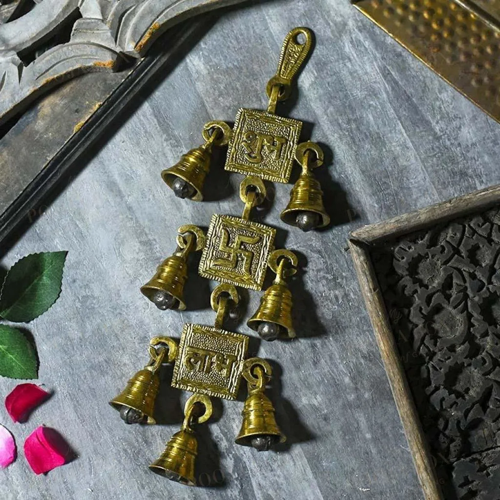 Antique Brass 7 Bells With  Shubh Labh Swastik Figurine