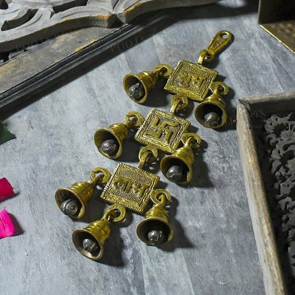 Antique Brass 7 Bells With  Shubh Labh Swastik Figurine