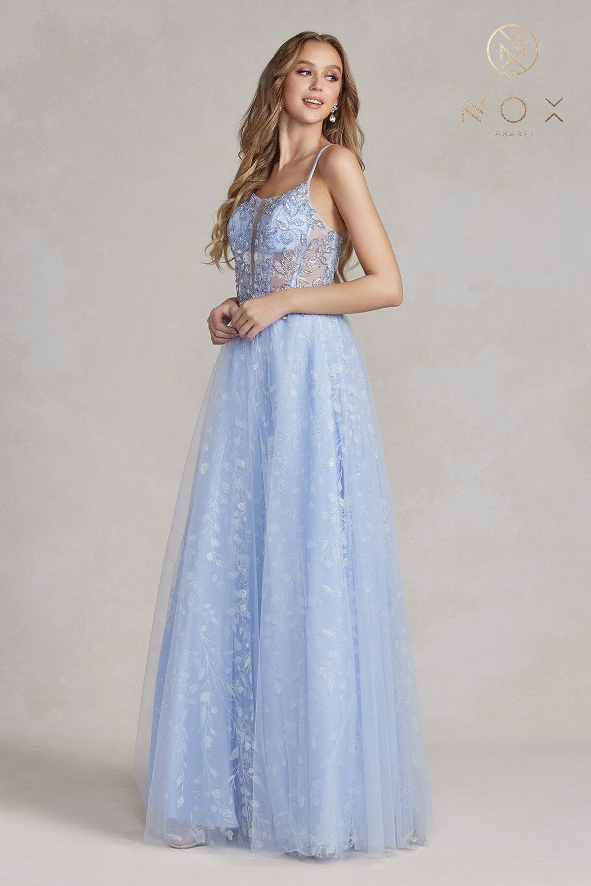 Applique Sleeveless Corset Gown by Nox Anabel T1084