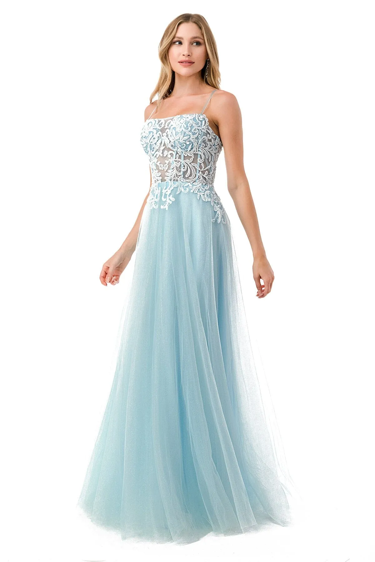 Applique Sleeveless Corset Tulle Gown by Coya L2809A