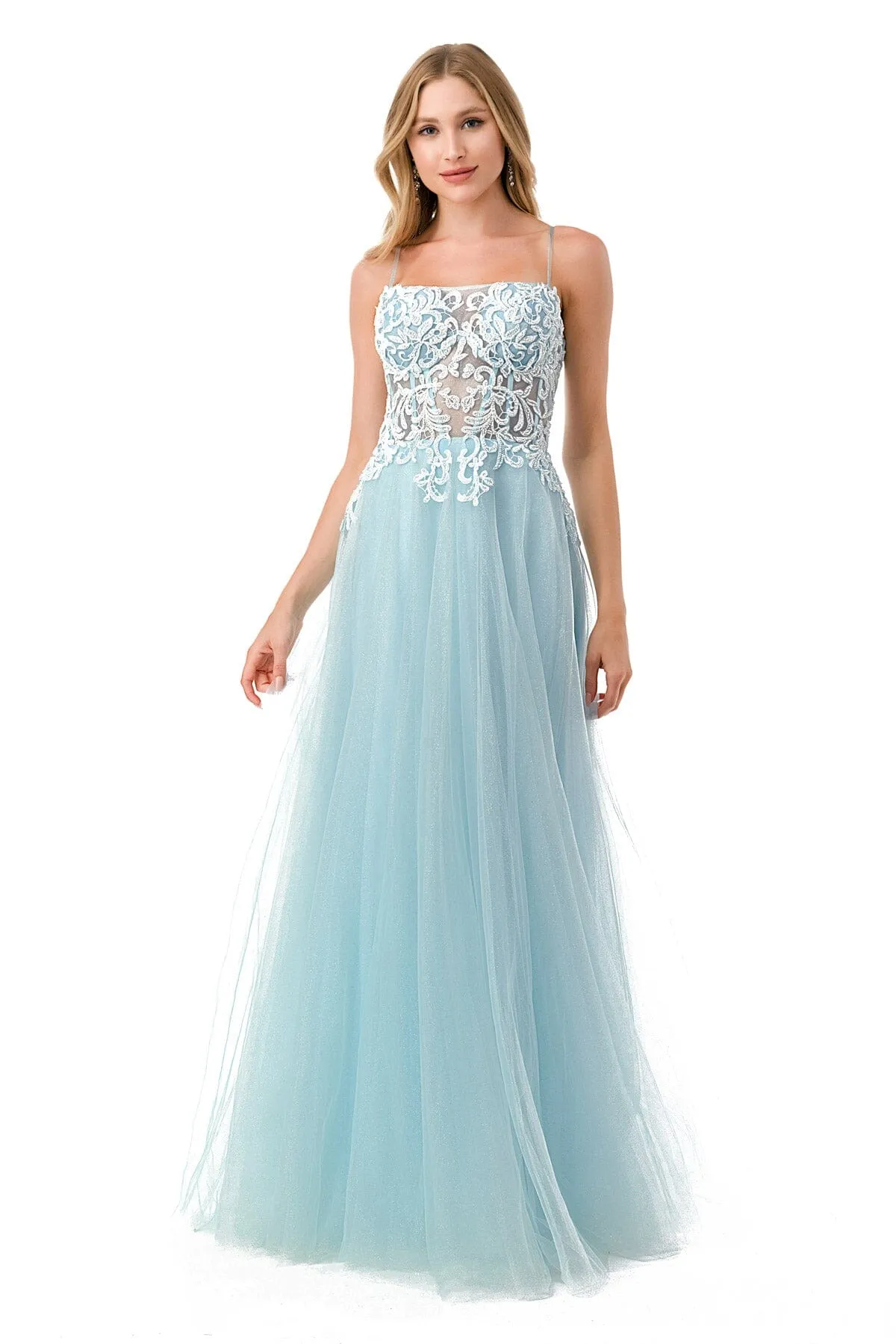 Applique Sleeveless Corset Tulle Gown by Coya L2809A