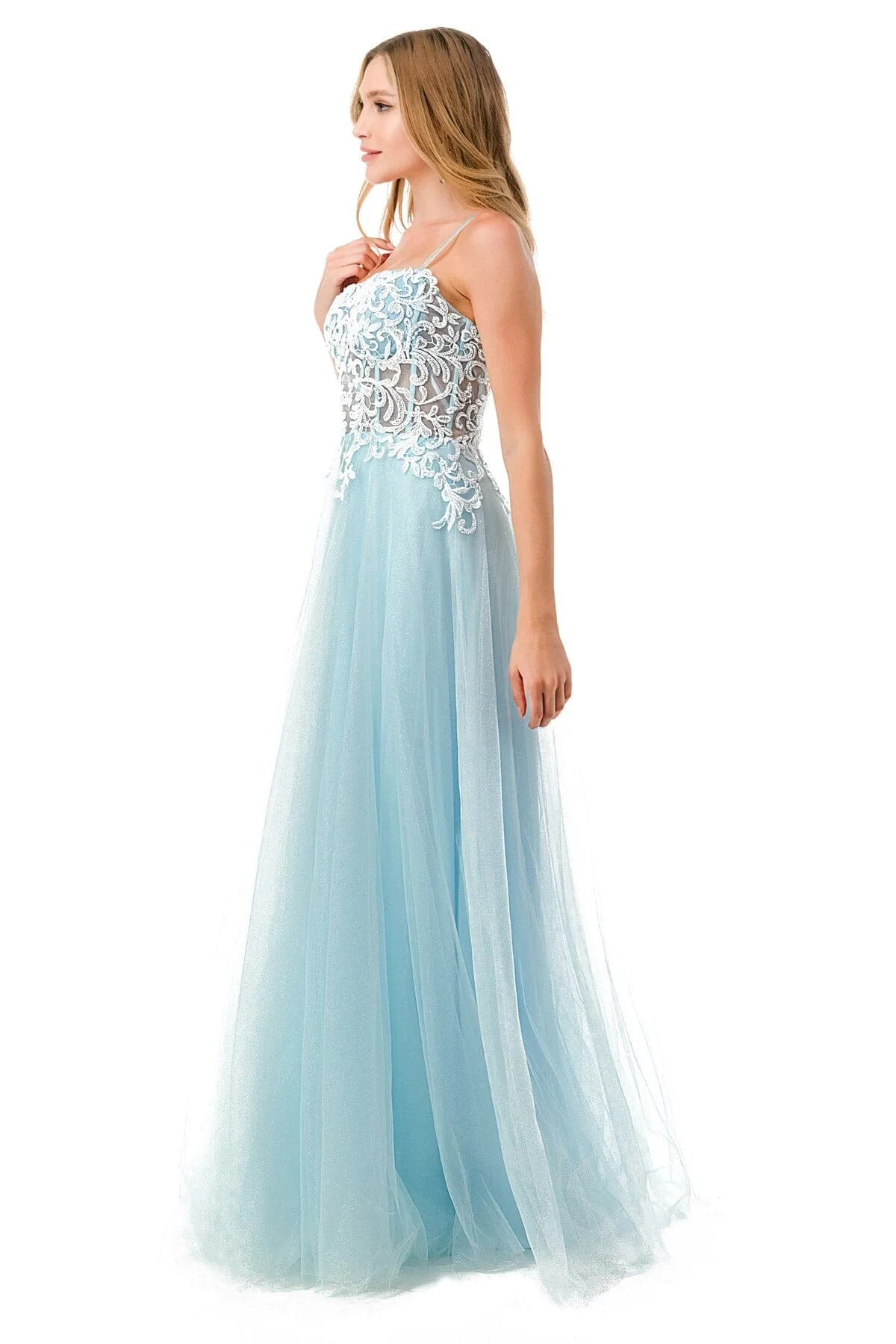 Applique Sleeveless Corset Tulle Gown by Coya L2809A