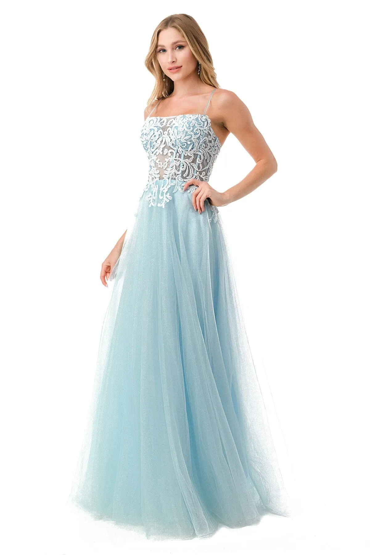 Applique Sleeveless Corset Tulle Gown by Coya L2809A