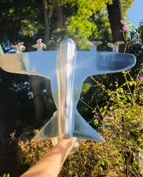 Art Deco Silver Tone Metal Airplane Model Spinning Propellers Aircraft On Stand