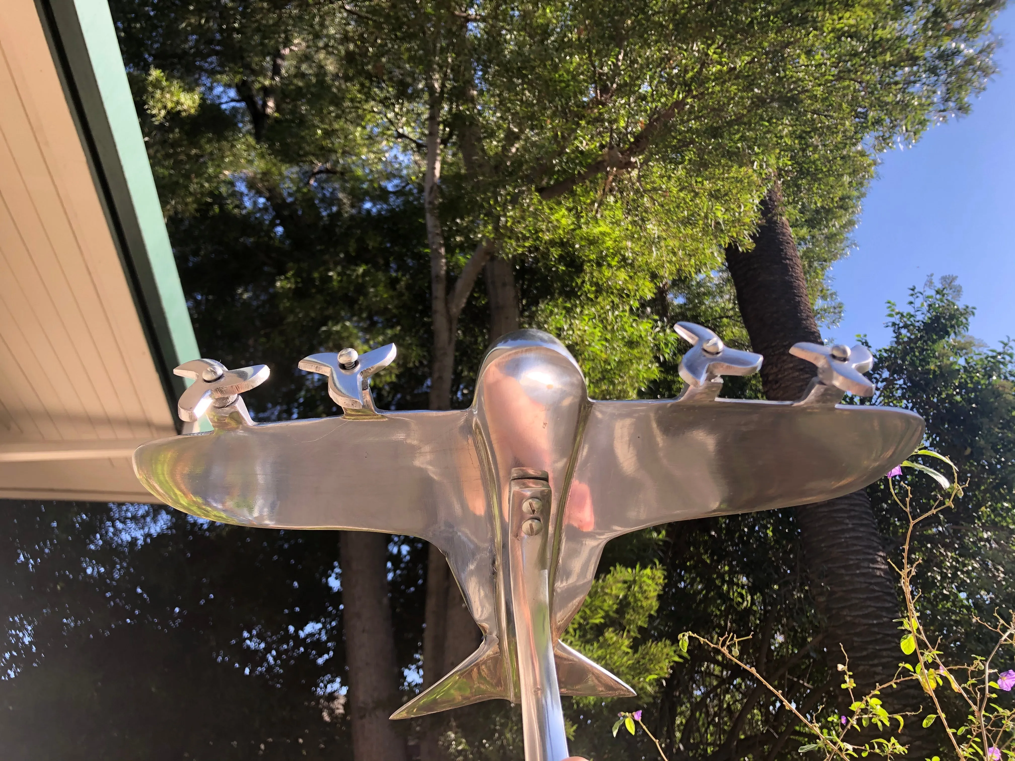 Art Deco Silver Tone Metal Airplane Model Spinning Propellers Aircraft On Stand