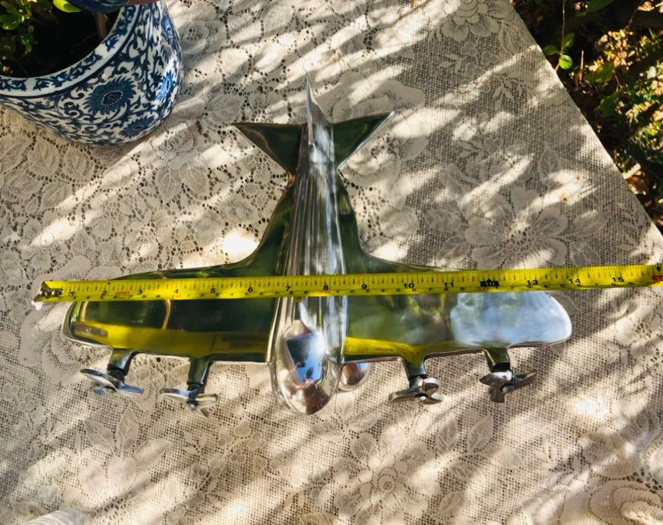 Art Deco Silver Tone Metal Airplane Model Spinning Propellers Aircraft On Stand