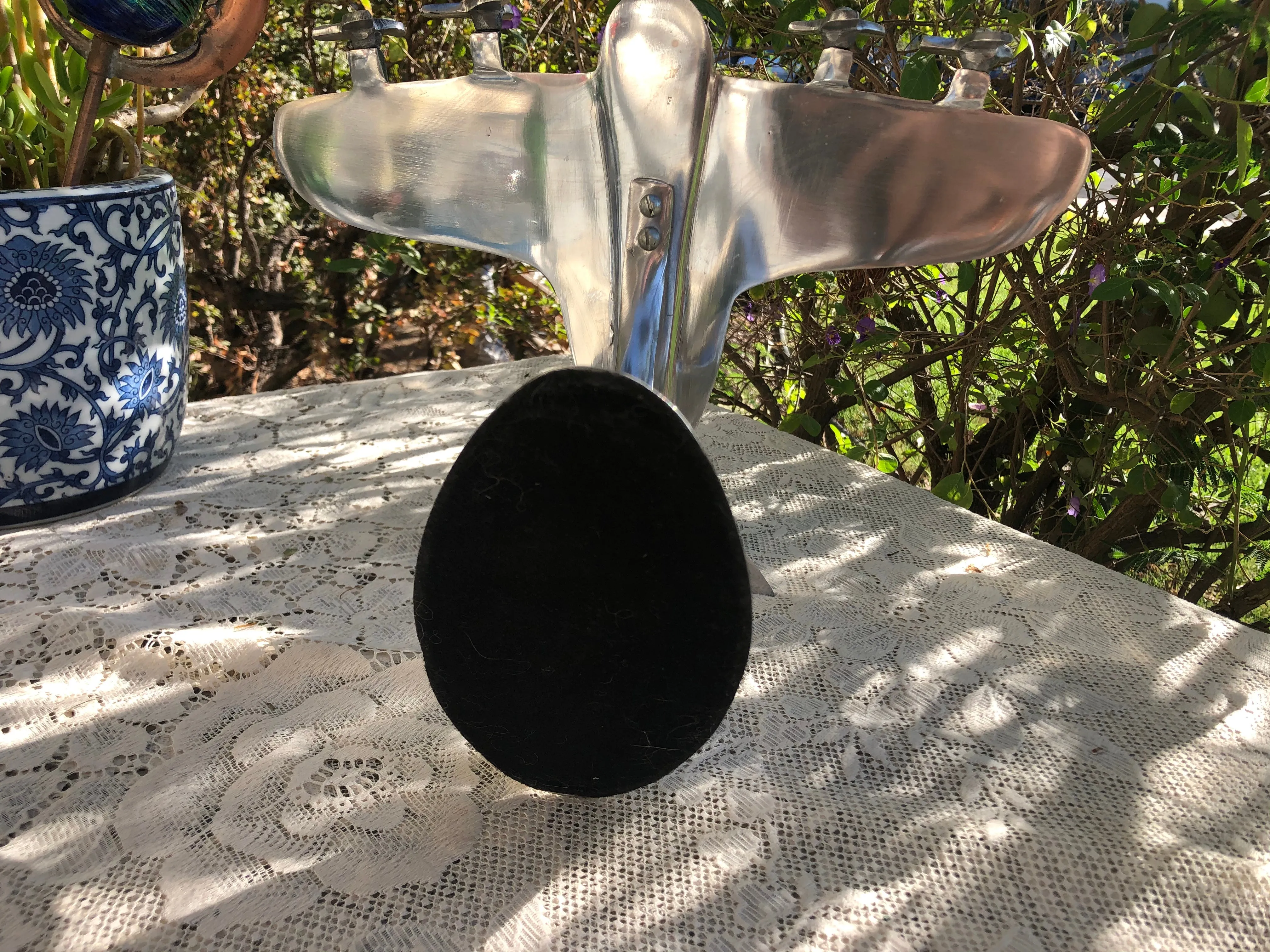 Art Deco Silver Tone Metal Airplane Model Spinning Propellers Aircraft On Stand