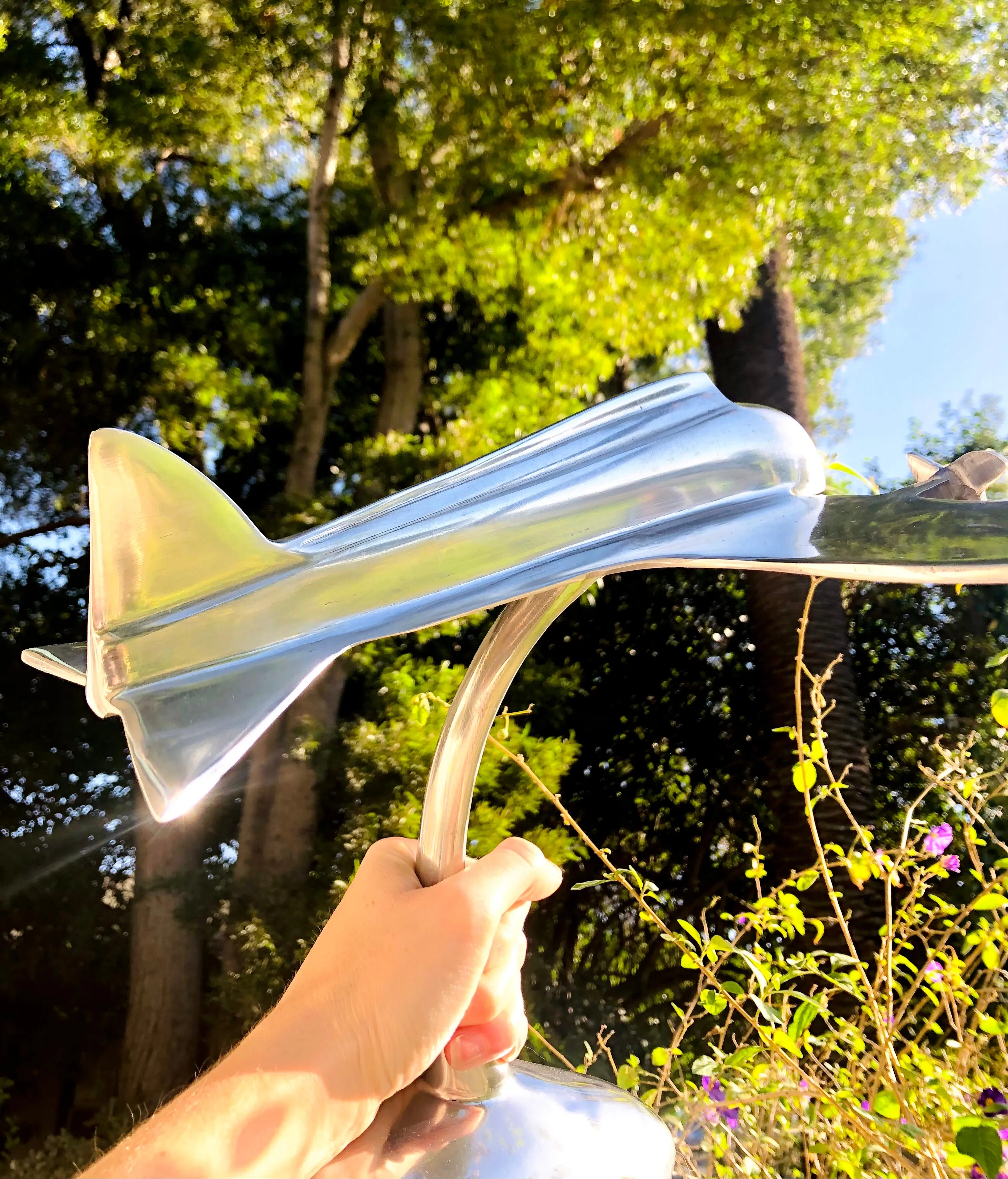 Art Deco Silver Tone Metal Airplane Model Spinning Propellers Aircraft On Stand