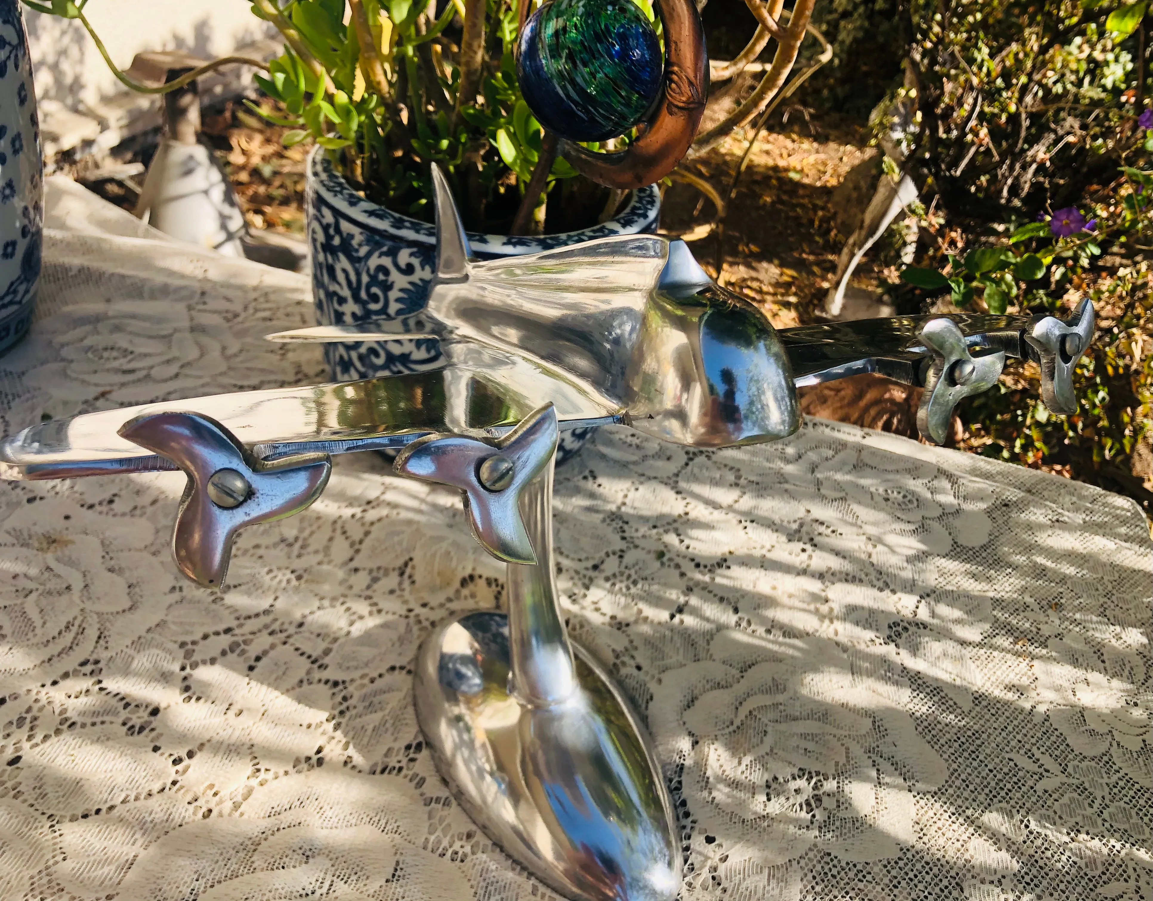Art Deco Silver Tone Metal Airplane Model Spinning Propellers Aircraft On Stand