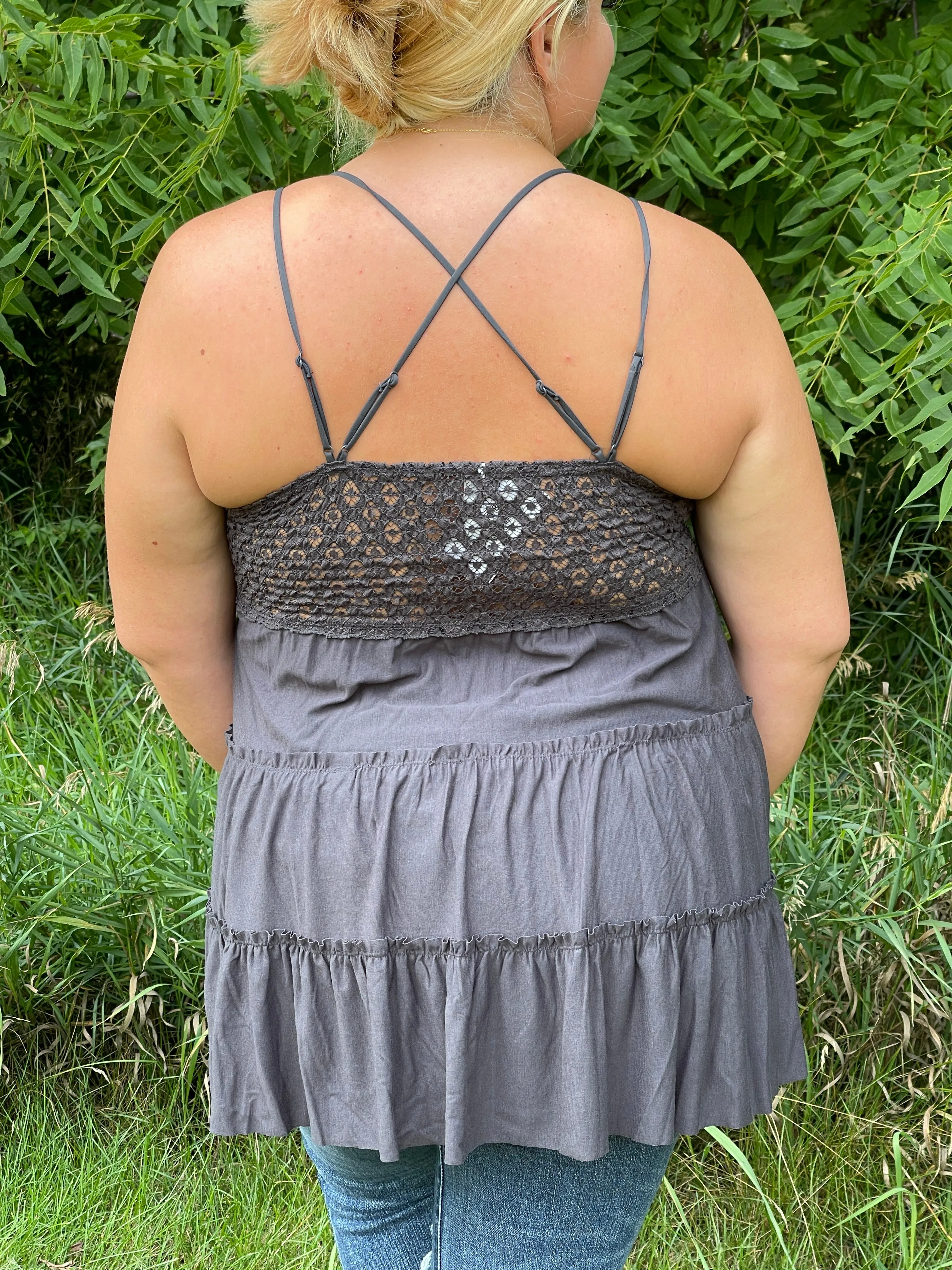 ASH GREY LONG BRALETTE RUFFLE LACE TANK