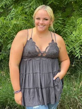 ASH GREY LONG BRALETTE RUFFLE LACE TANK