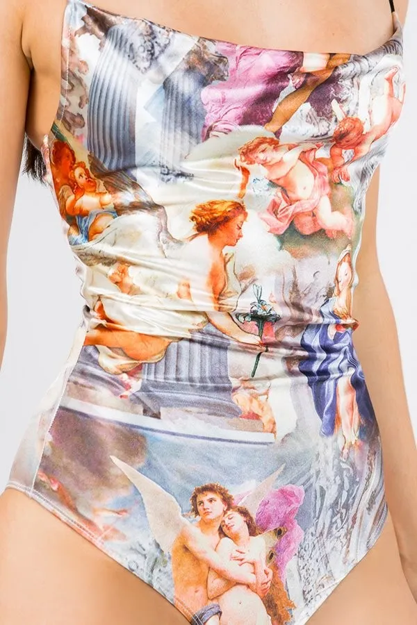 Baroque Scene Cowl Neck Satin Bodysuit