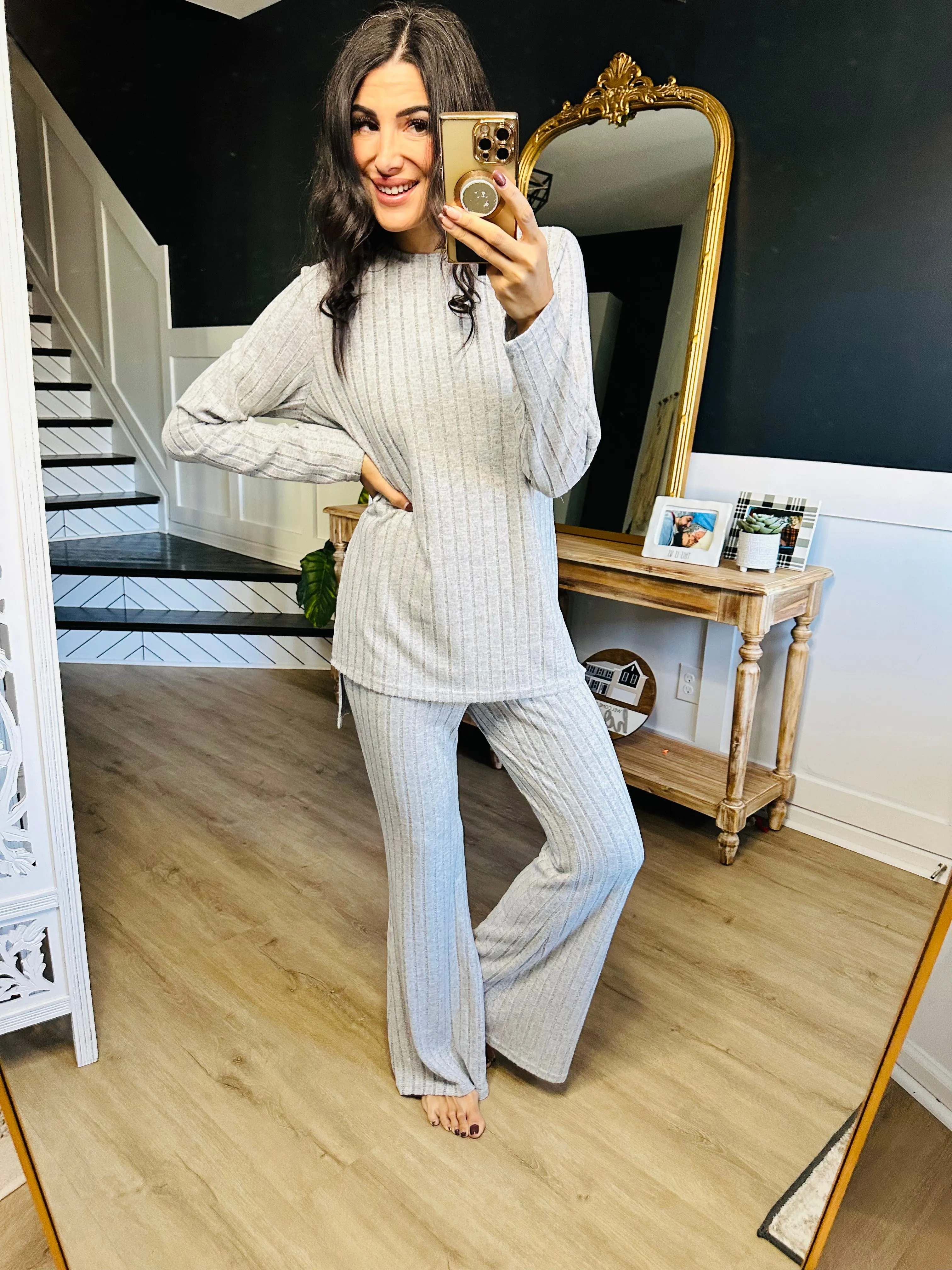 Basic Bae Ribbed High-Low Top and Wide Leg Pants Set
