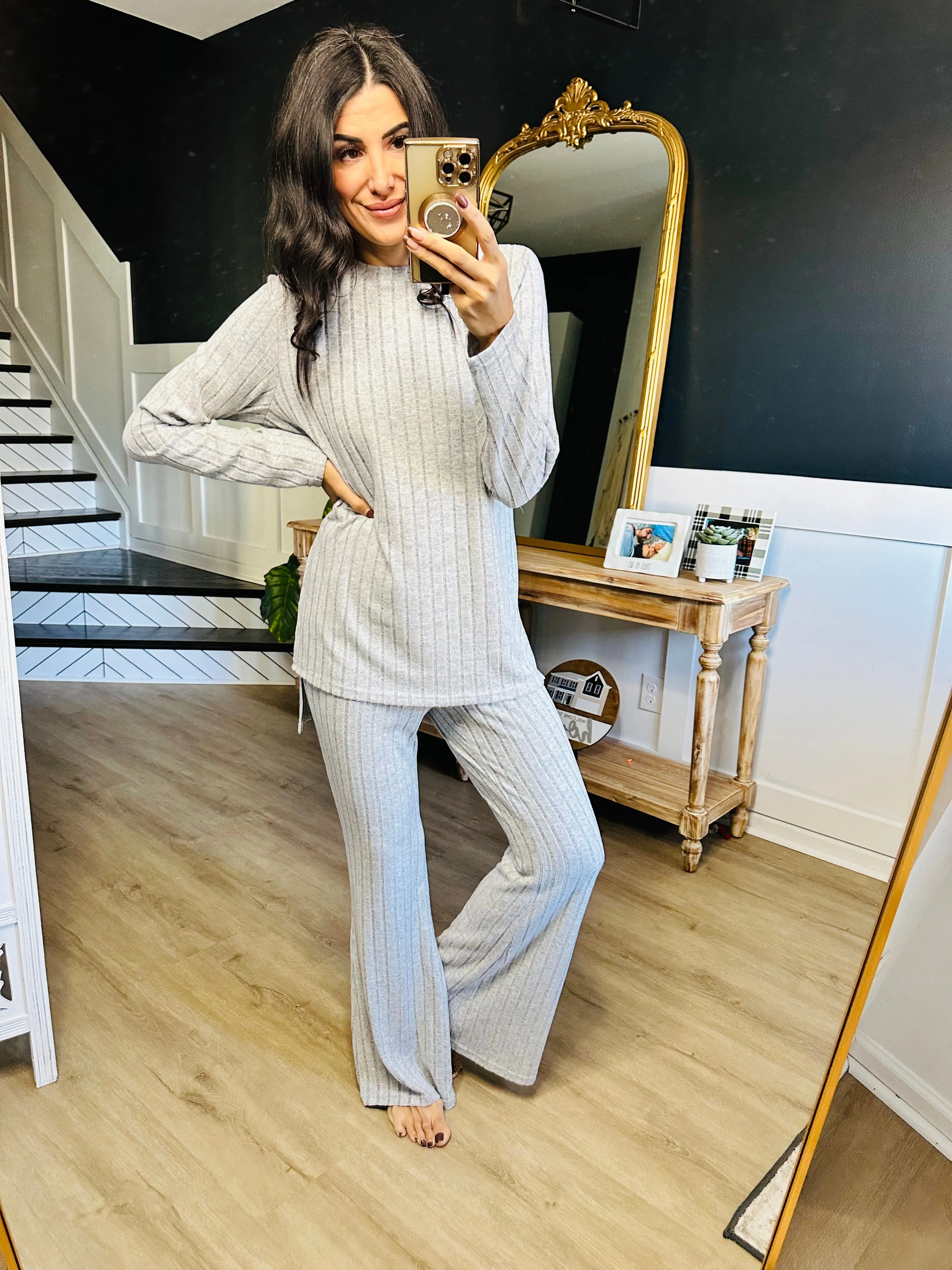 Basic Bae Ribbed High-Low Top and Wide Leg Pants Set