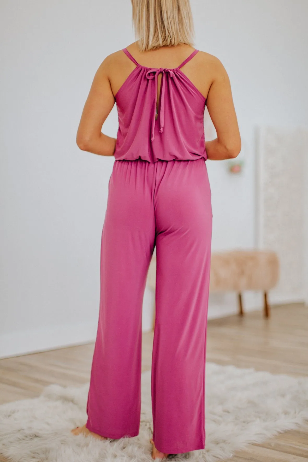 Be Like Me Elastic Waist Wide Leg Pleated Sleeveless Jumpsuit in Grape