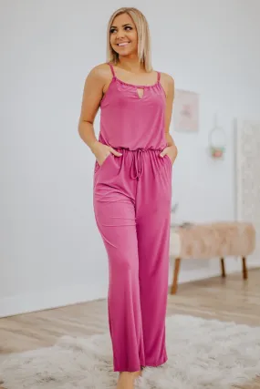 Be Like Me Elastic Waist Wide Leg Pleated Sleeveless Jumpsuit in Grape
