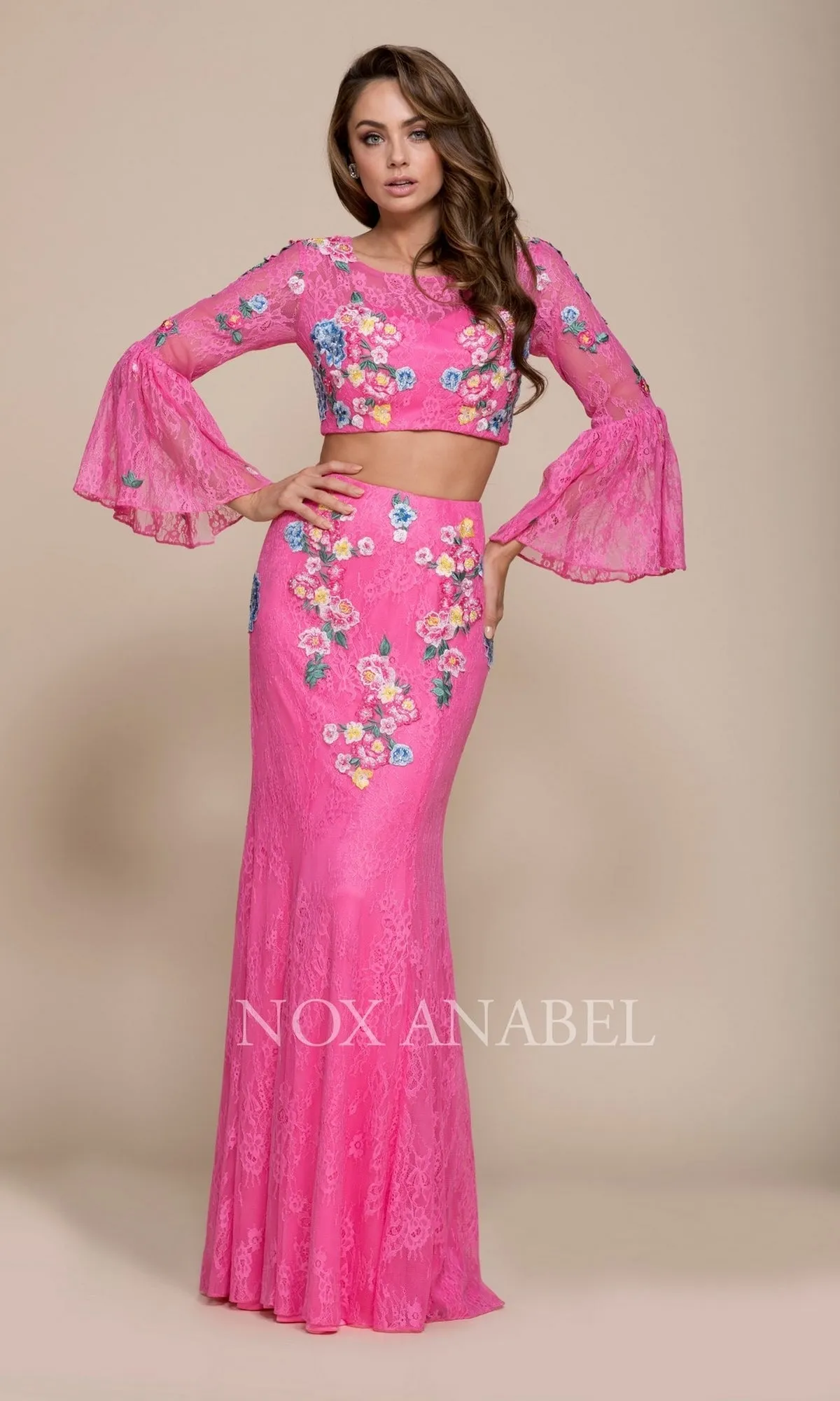 Bell Sleeve Long Two Piece Prom Dress