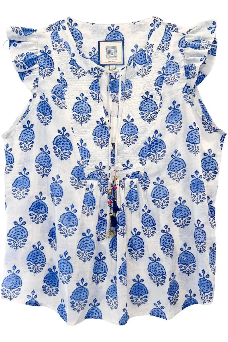 Blue Hibiscus Sleeveless Flutter Top