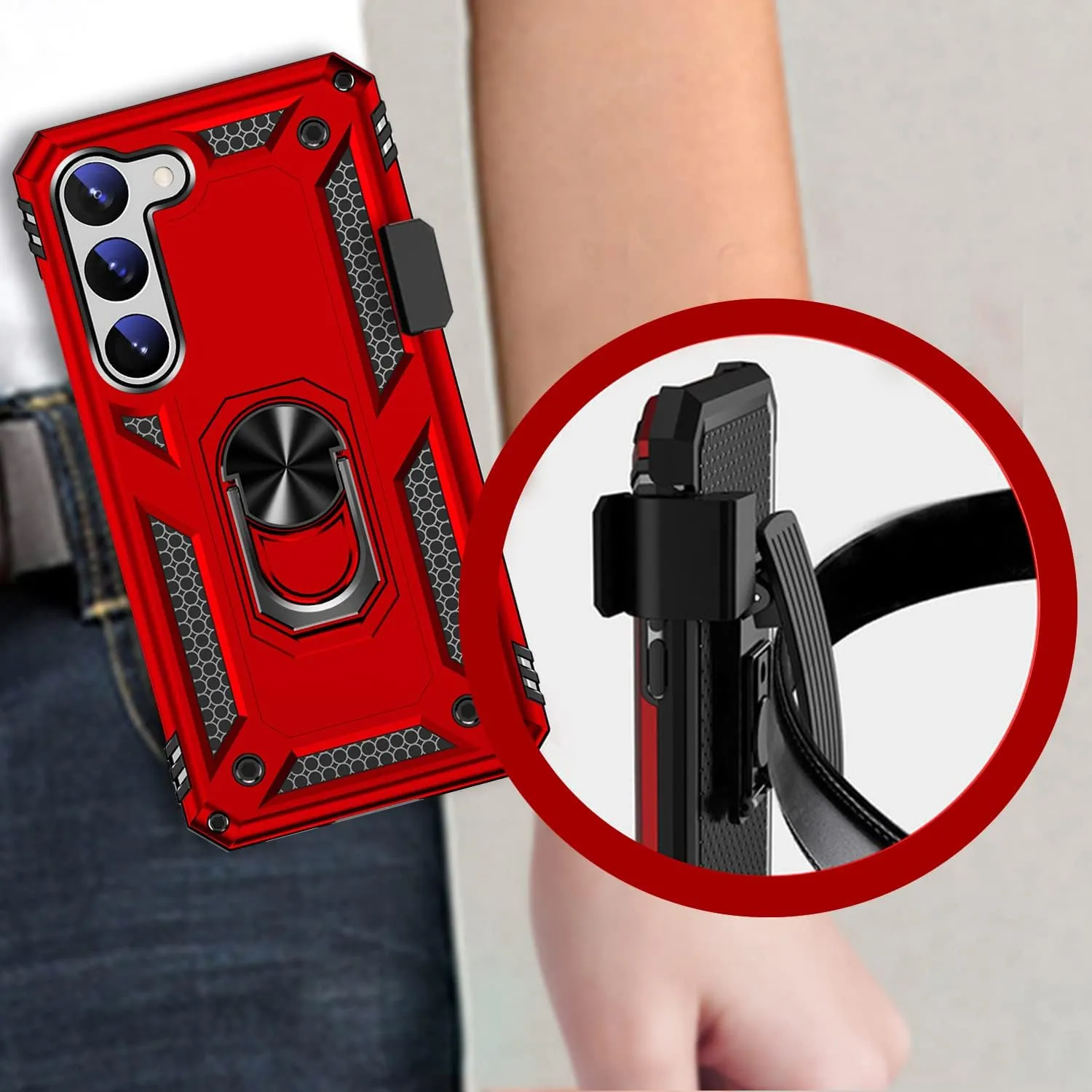 Bundle: Red Military Kickstand Series with Belt Clip Case with Tempered Glass Screen and Camera Protector - Samsung Galaxy S23