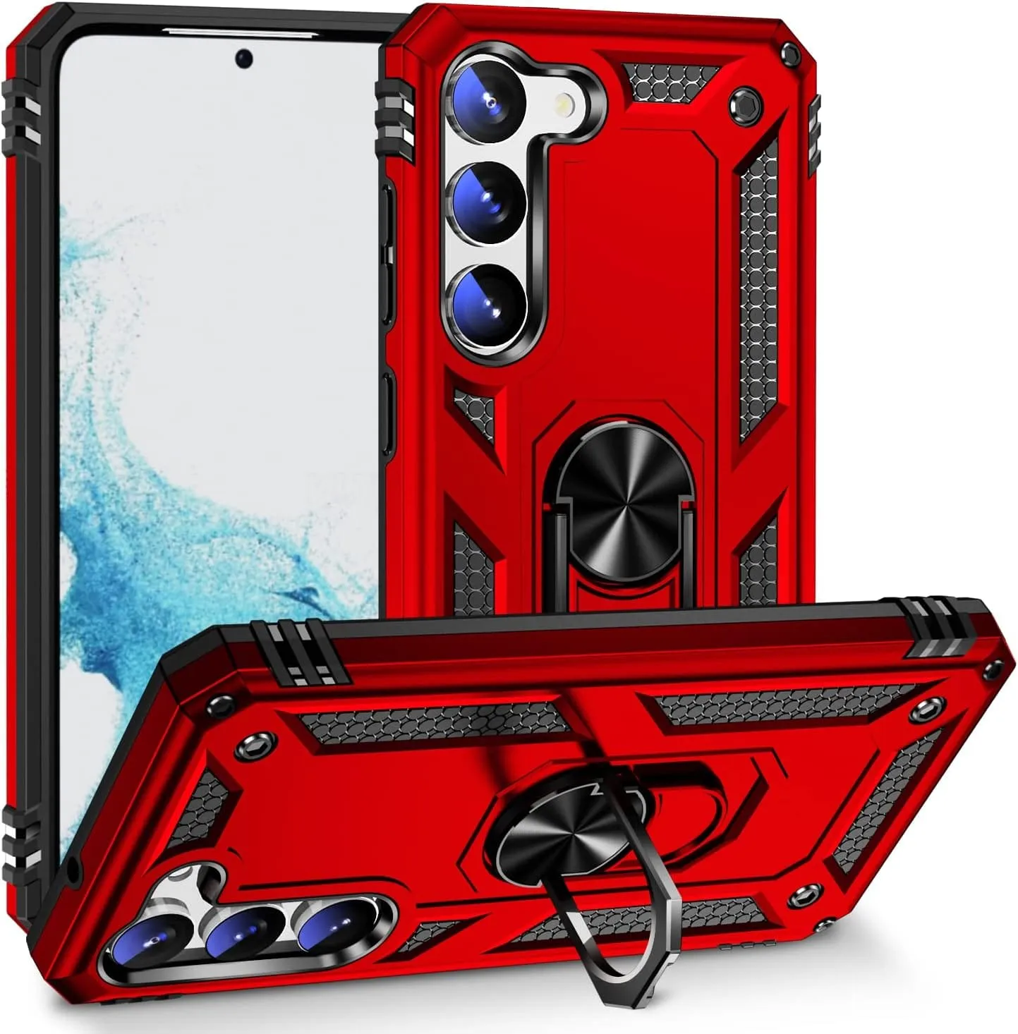 Bundle: Red Military Kickstand Series with Belt Clip Case with Tempered Glass Screen and Camera Protector - Samsung Galaxy S23