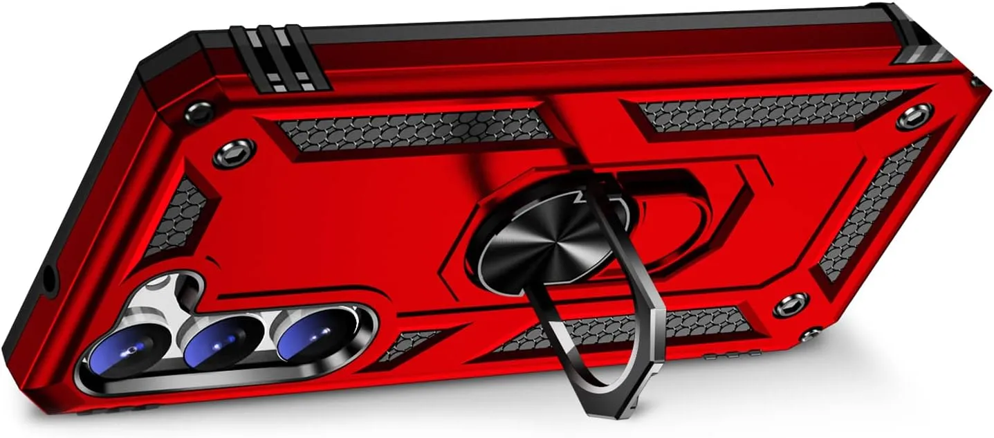 Bundle: Red Military Kickstand Series with Belt Clip Case with Tempered Glass Screen and Camera Protector - Samsung Galaxy S23