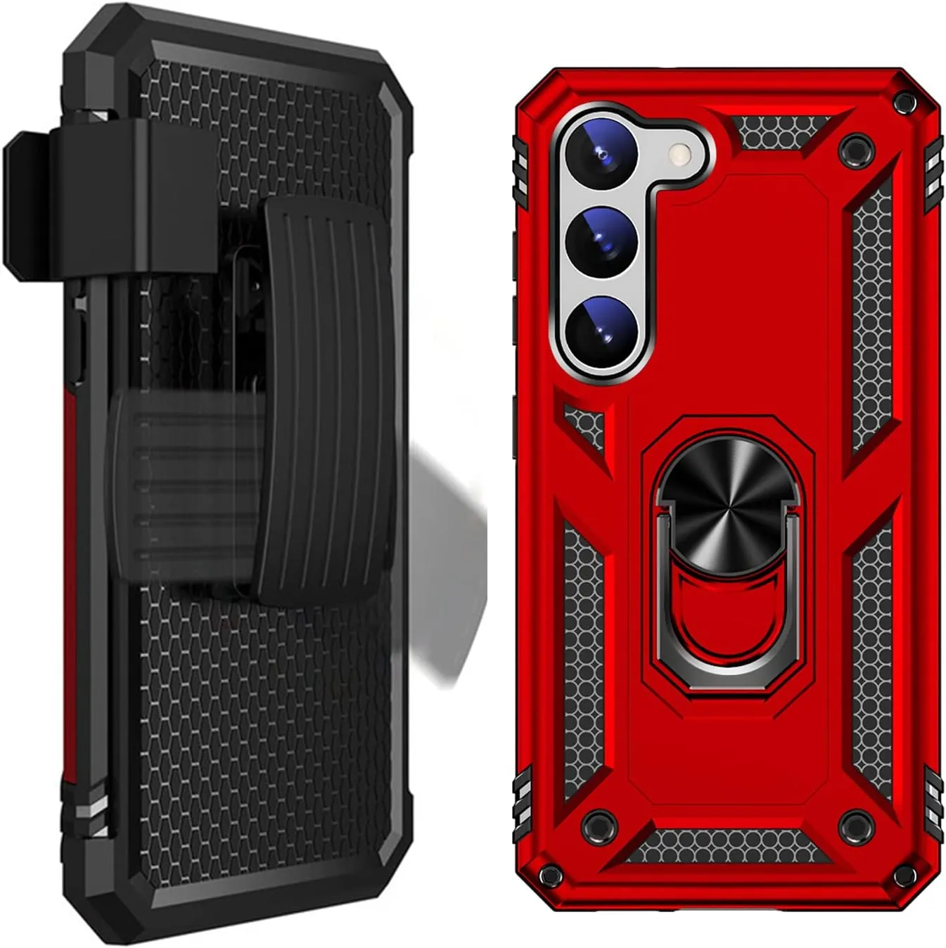 Bundle: Red Military Kickstand Series with Belt Clip Case with Tempered Glass Screen and Camera Protector - Samsung Galaxy S23