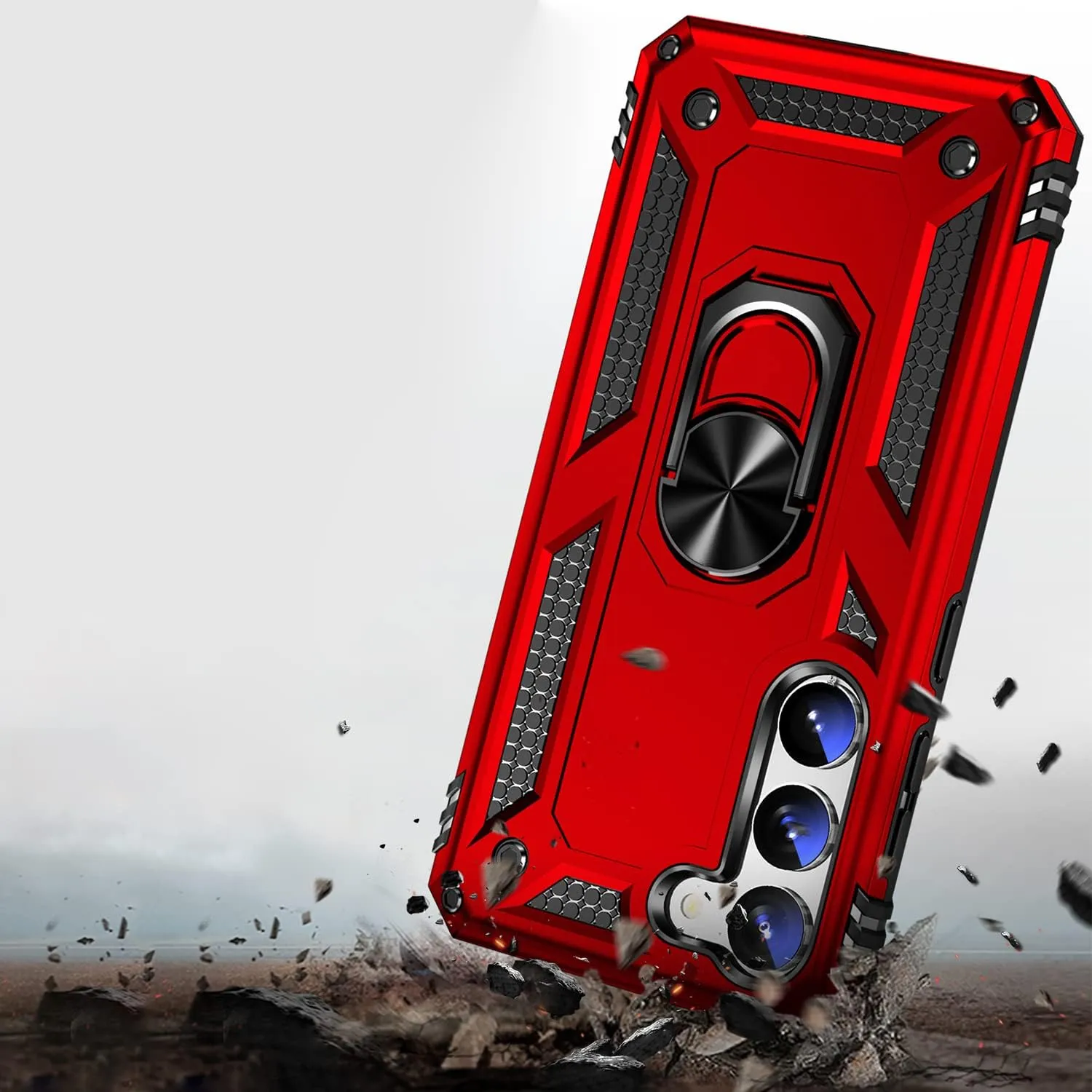 Bundle: Red Military Kickstand Series with Belt Clip Case with Tempered Glass Screen and Camera Protector - Samsung Galaxy S23
