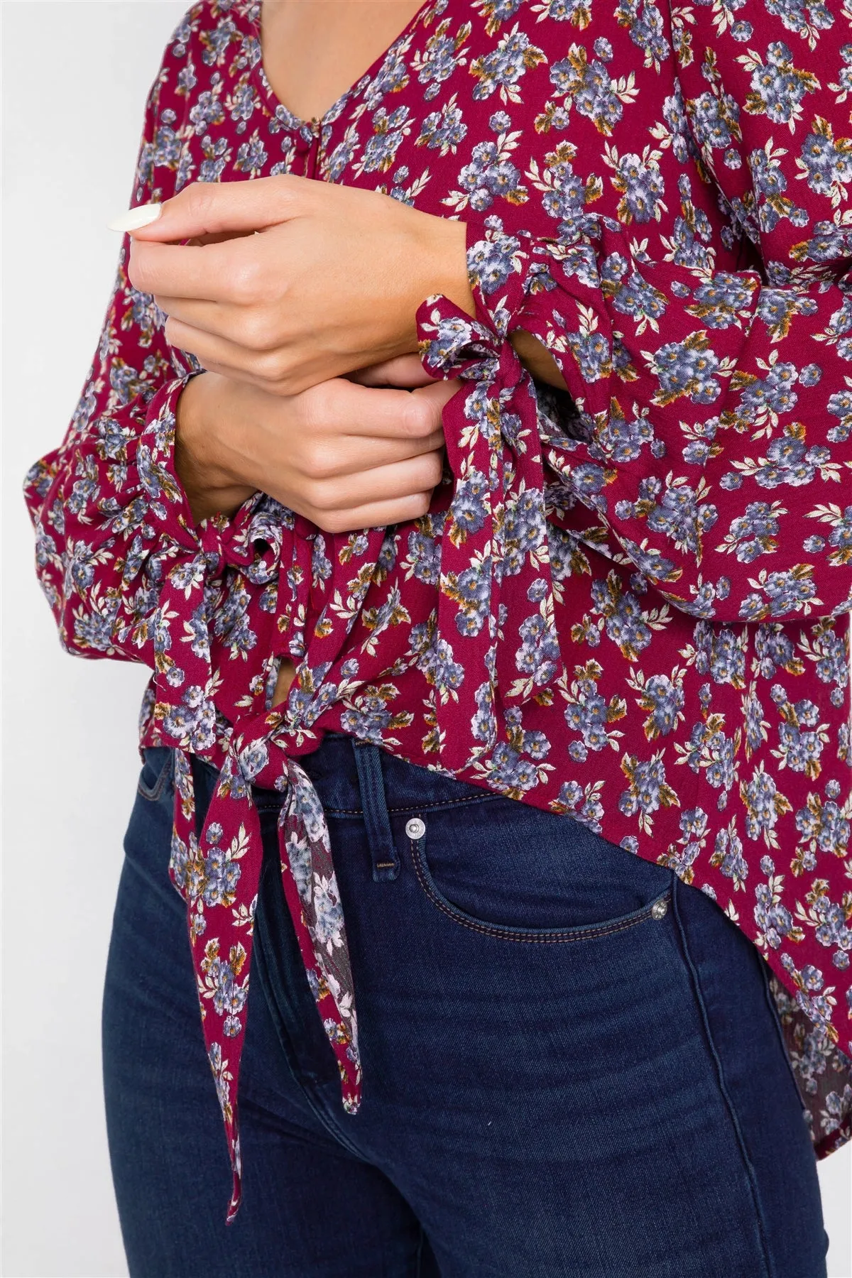 Burgundy High-low Center Tie Scoop Neck Blouse