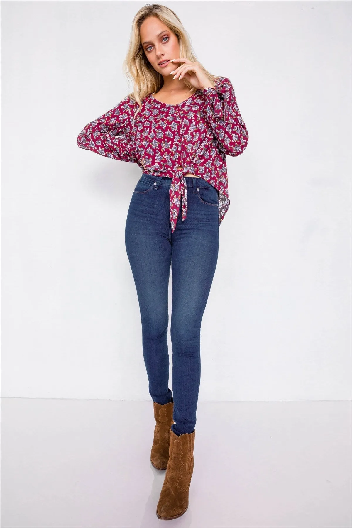 Burgundy High-low Center Tie Scoop Neck Blouse