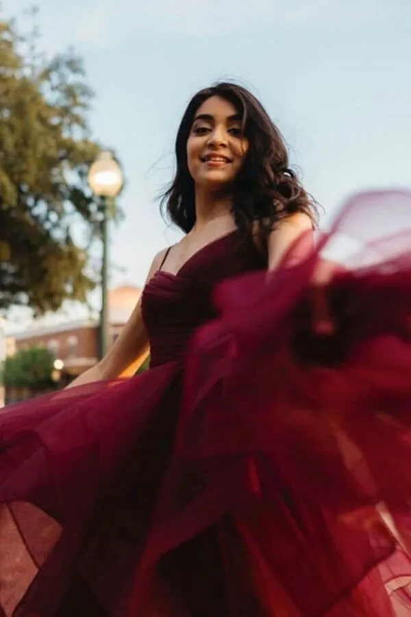 Burgundy Tulle A-line V-neck High Low Long Prom Dresses, Evening Dresses, SP823