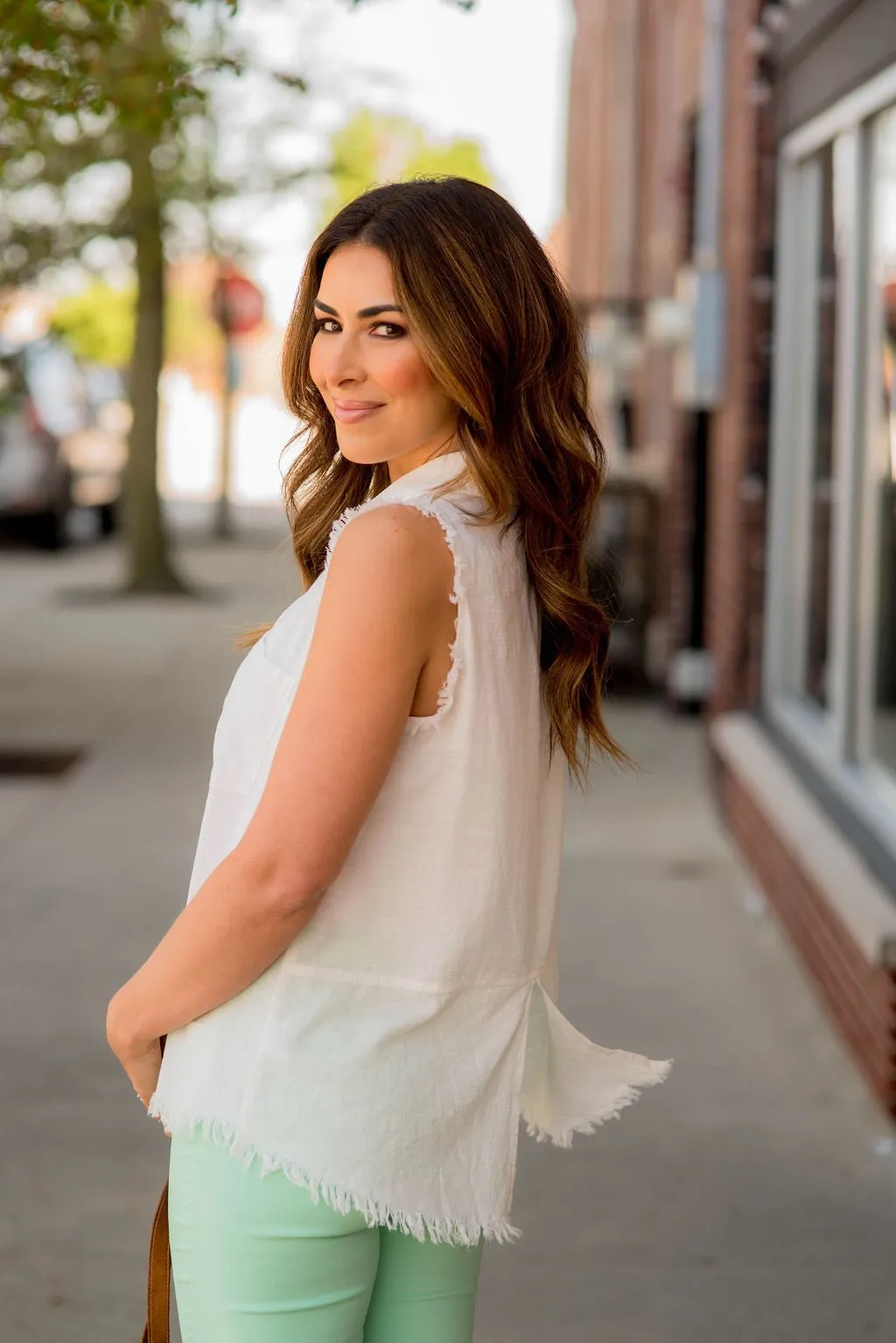 Button Up Fringe Bottom Pocket Tank