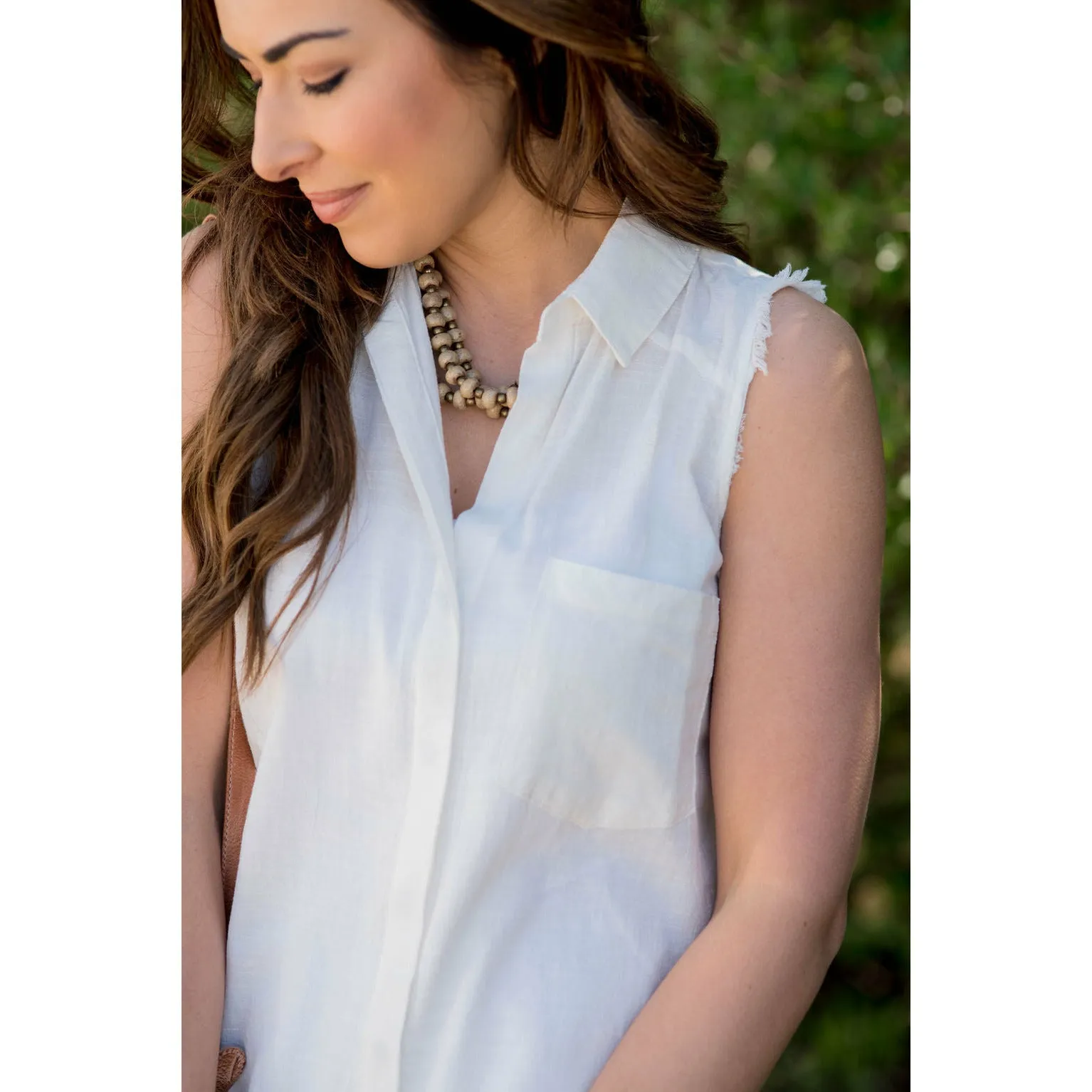 Button Up Fringe Bottom Pocket Tank