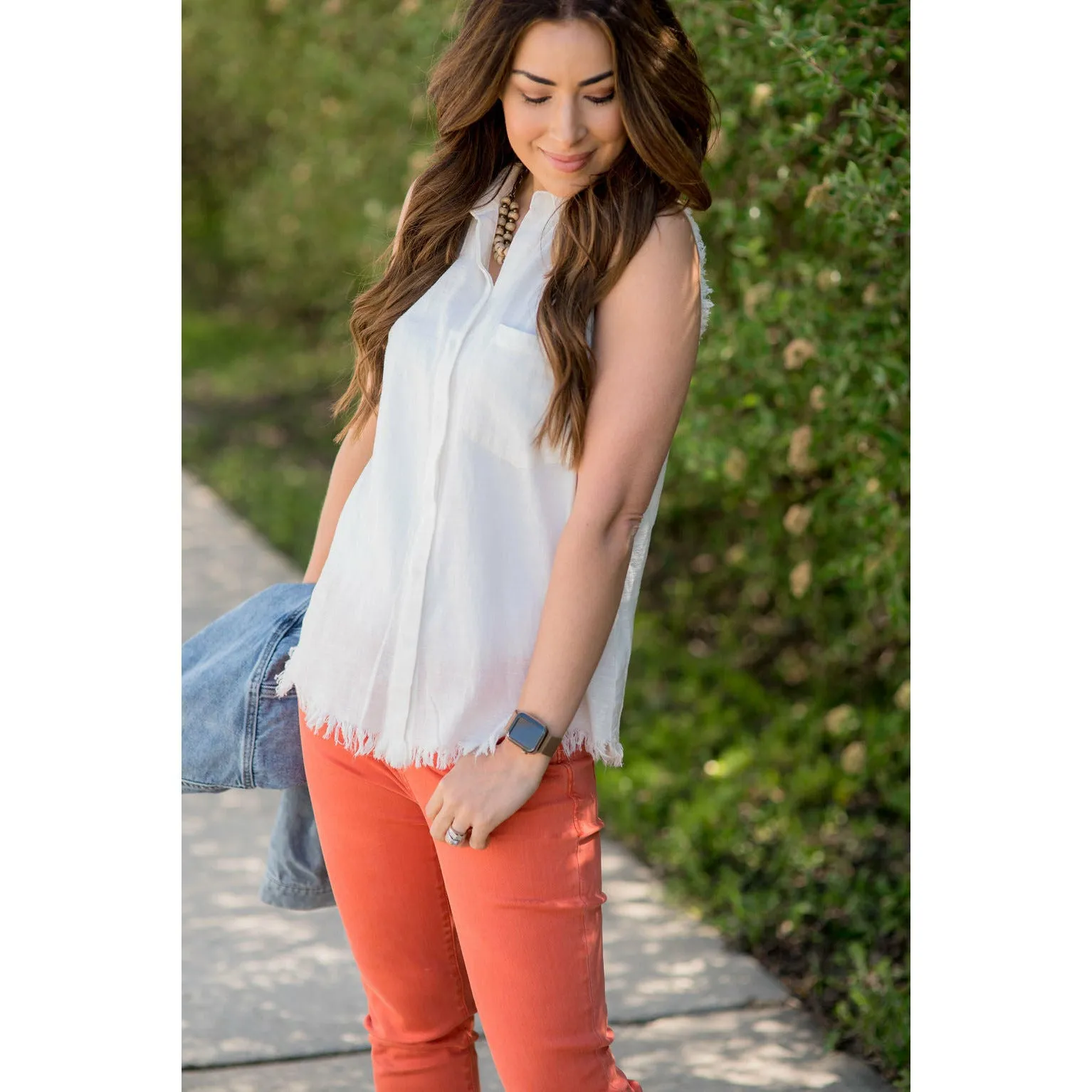 Button Up Fringe Bottom Pocket Tank
