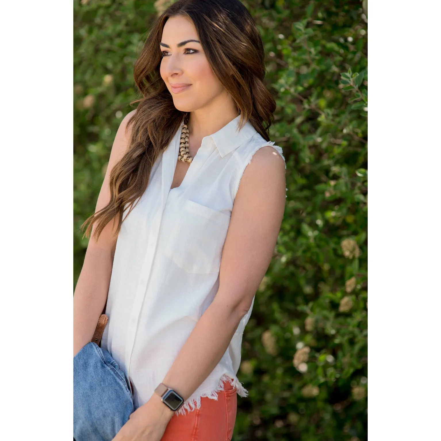 Button Up Fringe Bottom Pocket Tank