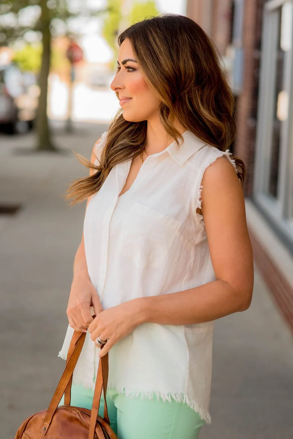 Button Up Fringe Bottom Pocket Tank
