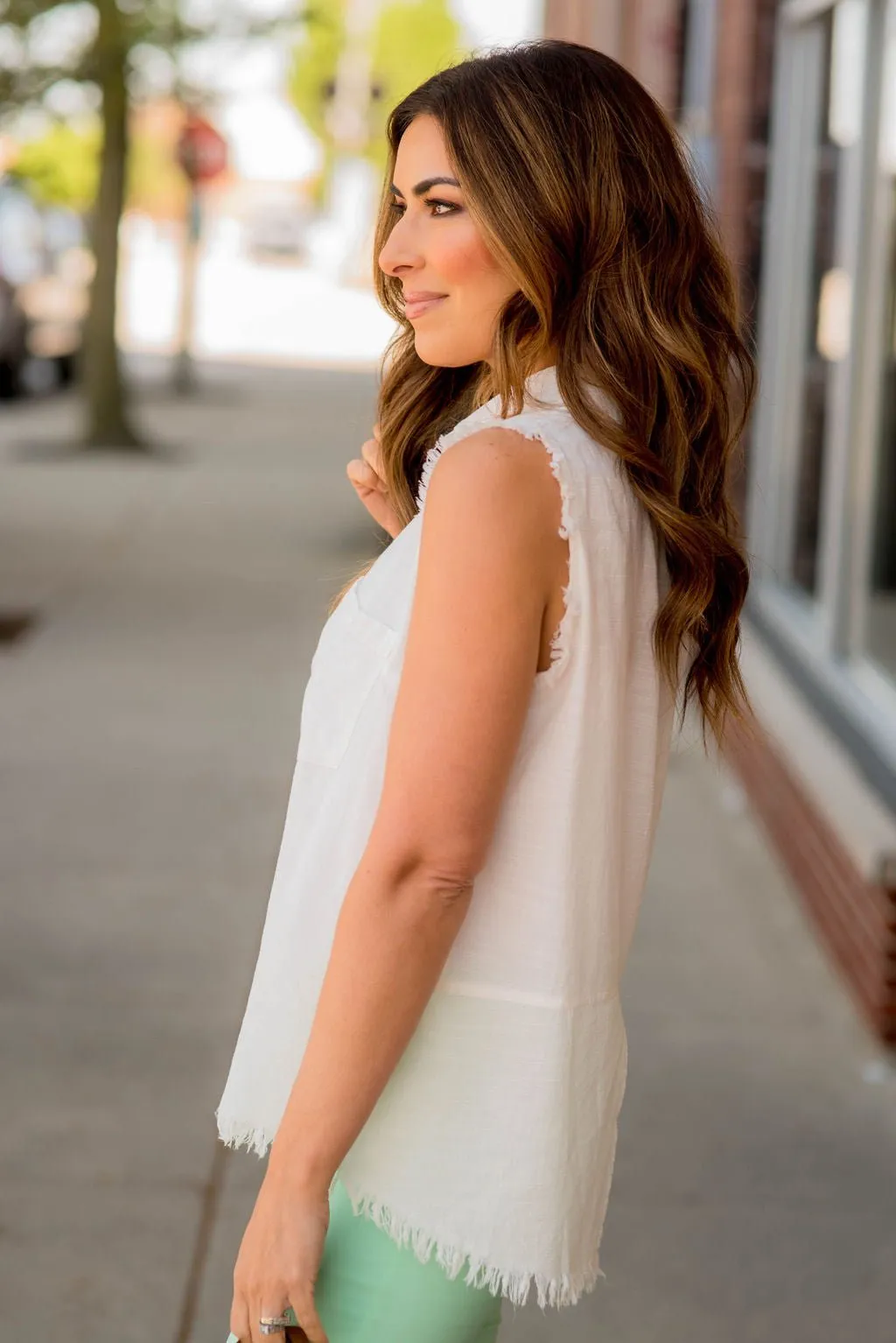 Button Up Fringe Bottom Pocket Tank