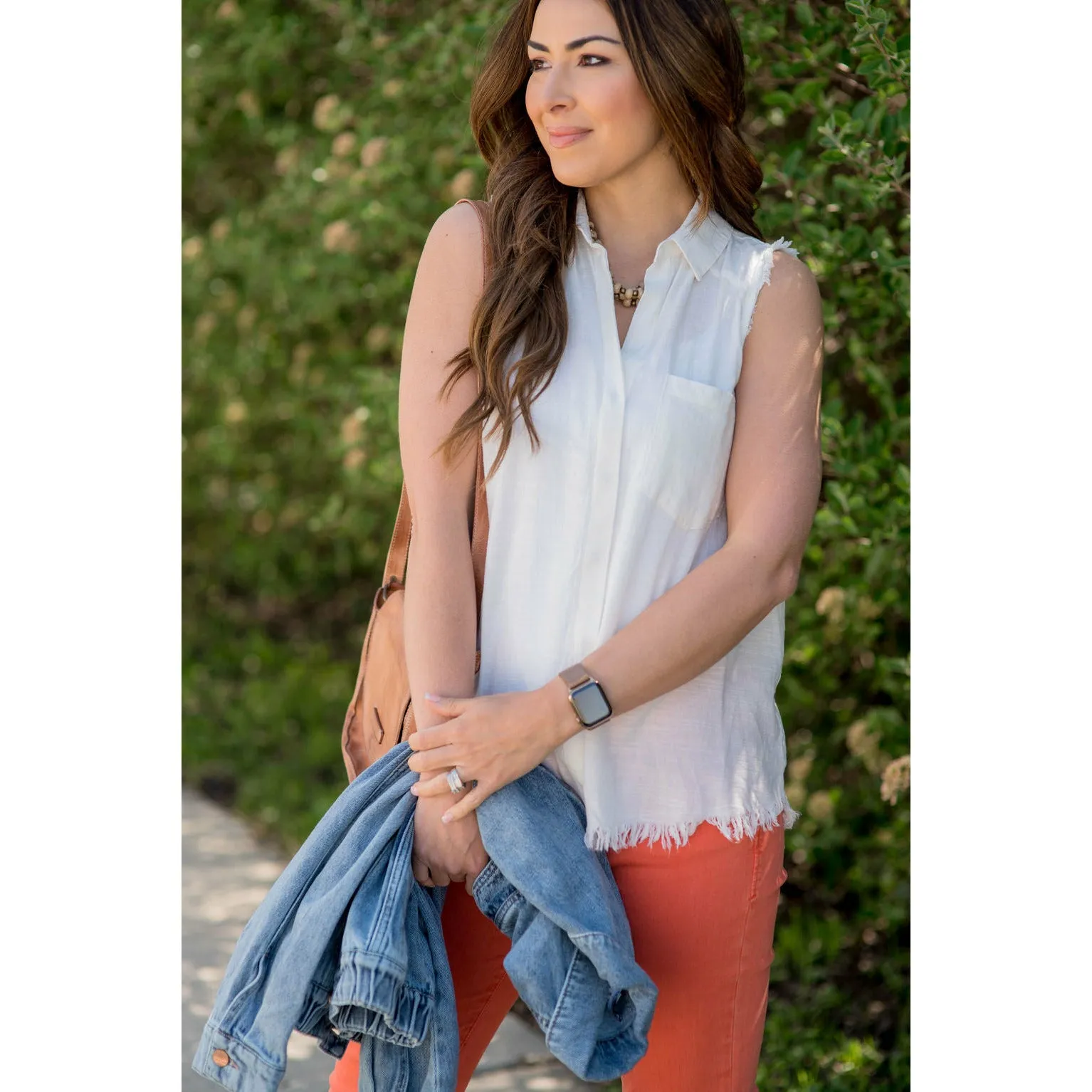 Button Up Fringe Bottom Pocket Tank