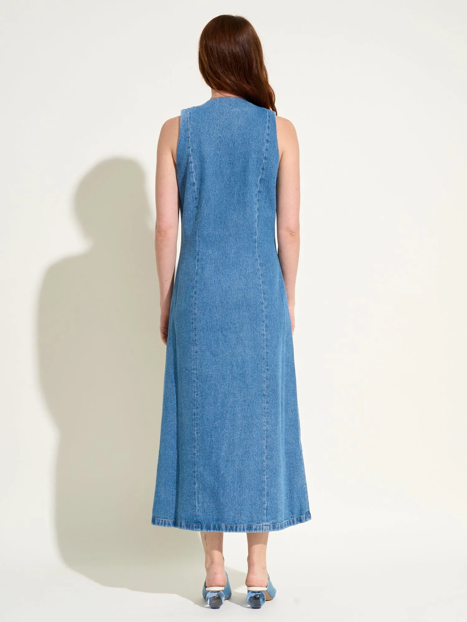 CALVINIA - Robe longue chasuble boutonnée en denim délavé Oeko-Tex Bleu