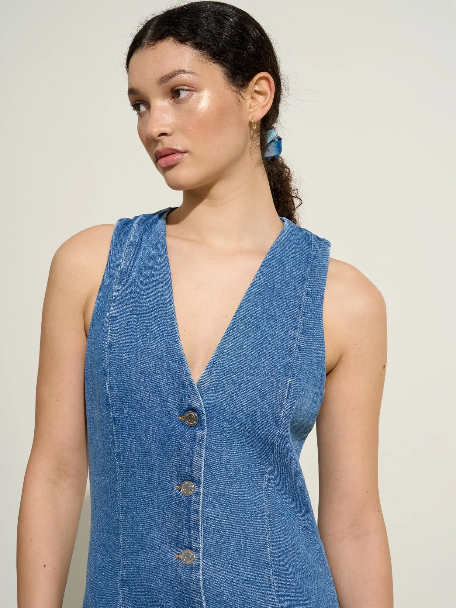 CALVINIA - Robe longue chasuble boutonnée en denim délavé Oeko-Tex Bleu