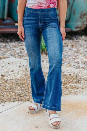 Char Cello Mid Rise Dark Wash Flare Jeggings