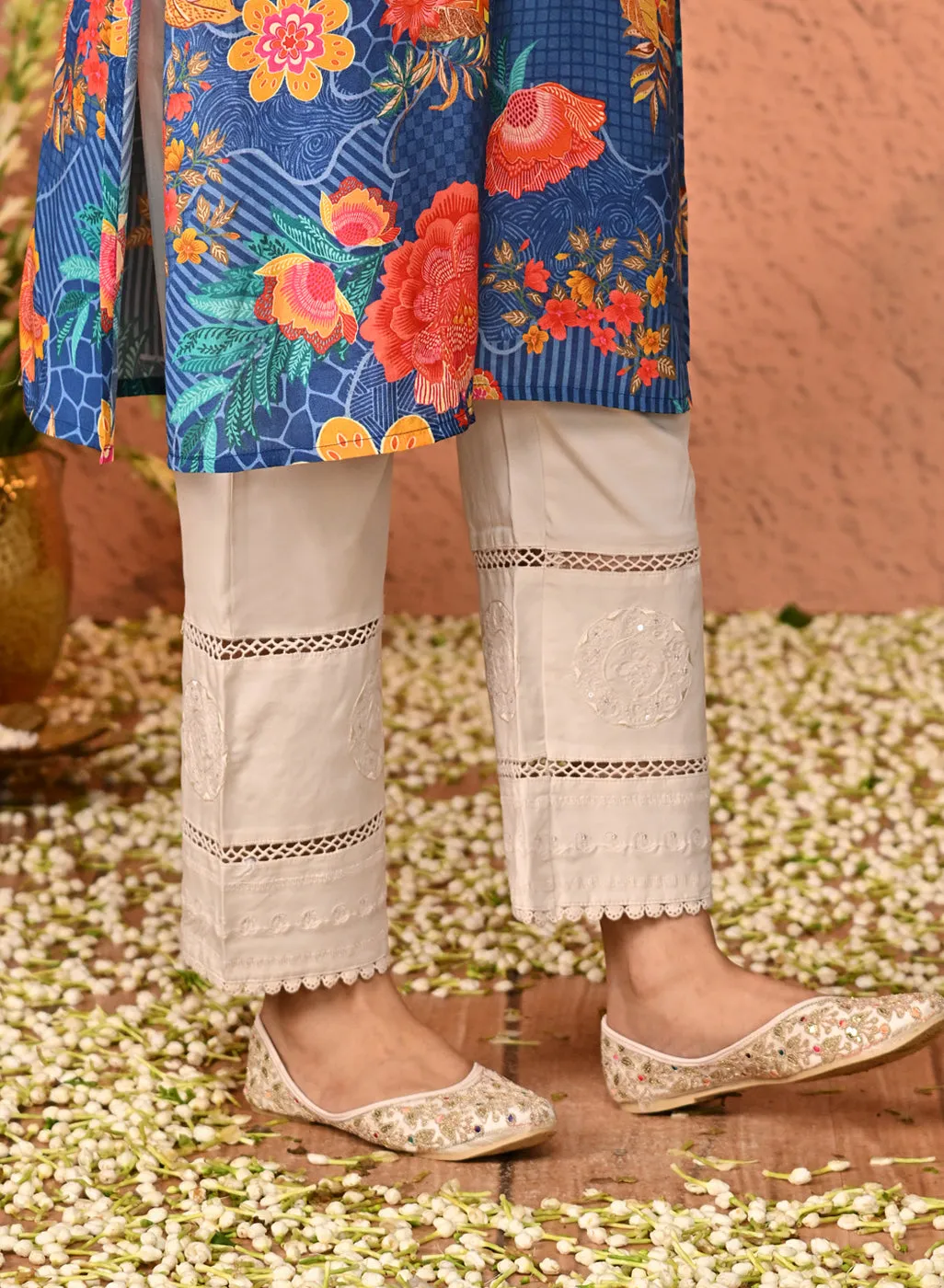 Cream Elastic Palazzo with Lace and Embroidery Detail