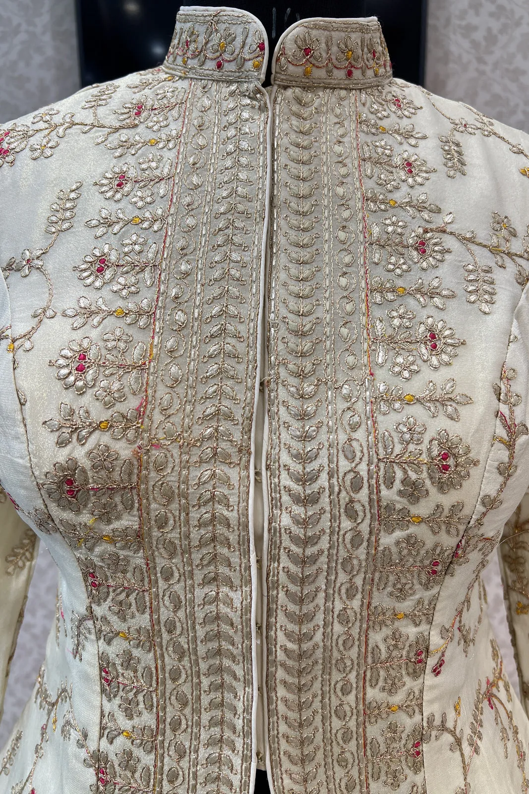 Cream Embroidery, Zari and Banaras work Peplum Style Lehenga